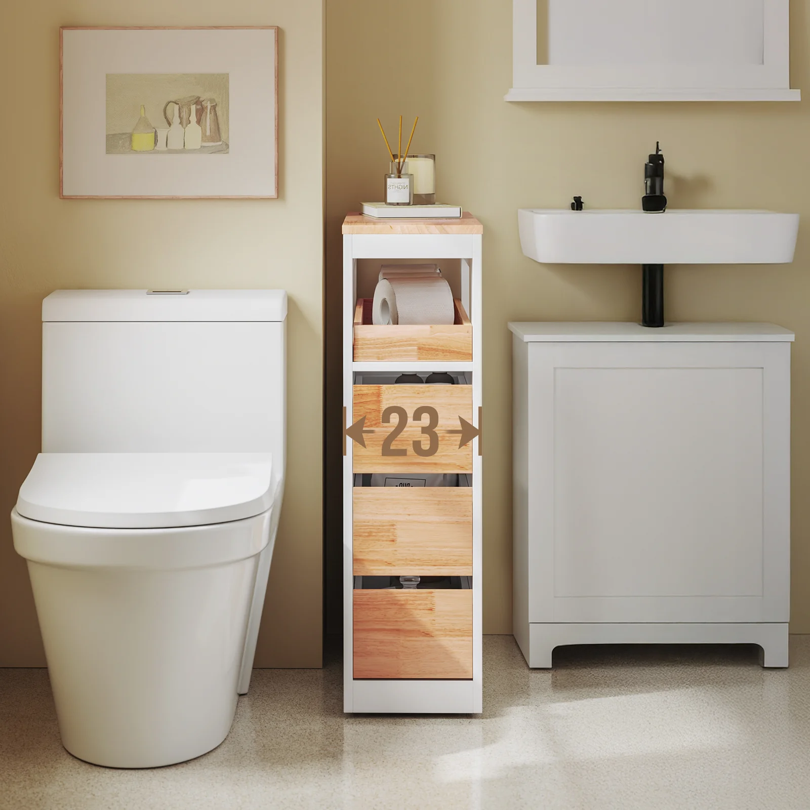 Pre-order SoBuy BZR54-IV-WN Smalle Badkamerkast op Wielen – Compact Opbergmeubel met Lades & Verstelbare Vakken – 65×23×82 cm, Wit - Image 2