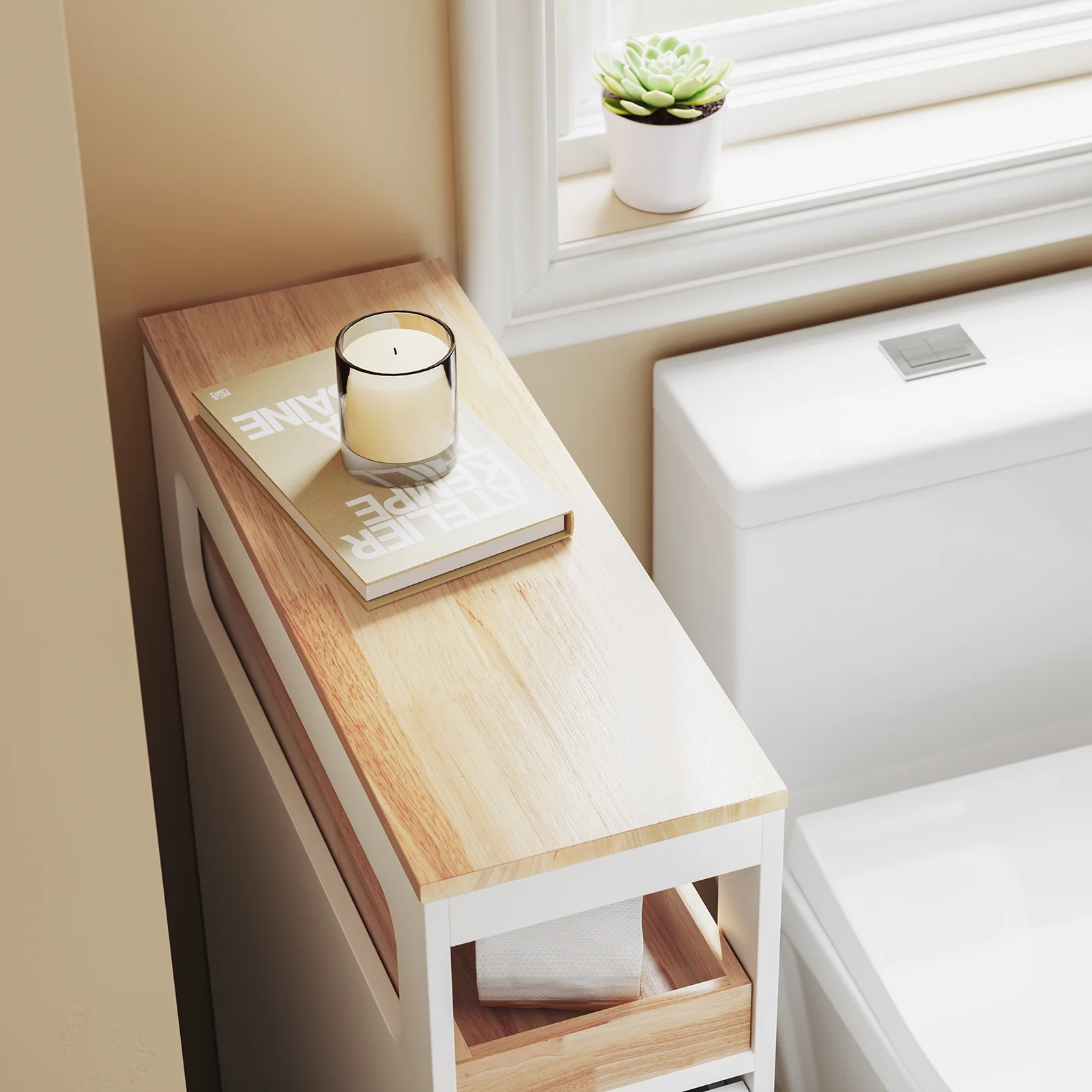 Pre-order SoBuy BZR54-II-W Smalle Badkamerkast op Wieltjes – Opbergkast met 3 Lades en Verstelbaar Schap, Compact WC-Meubel van Hout, Wit, 65×23×82 cm - Image 6