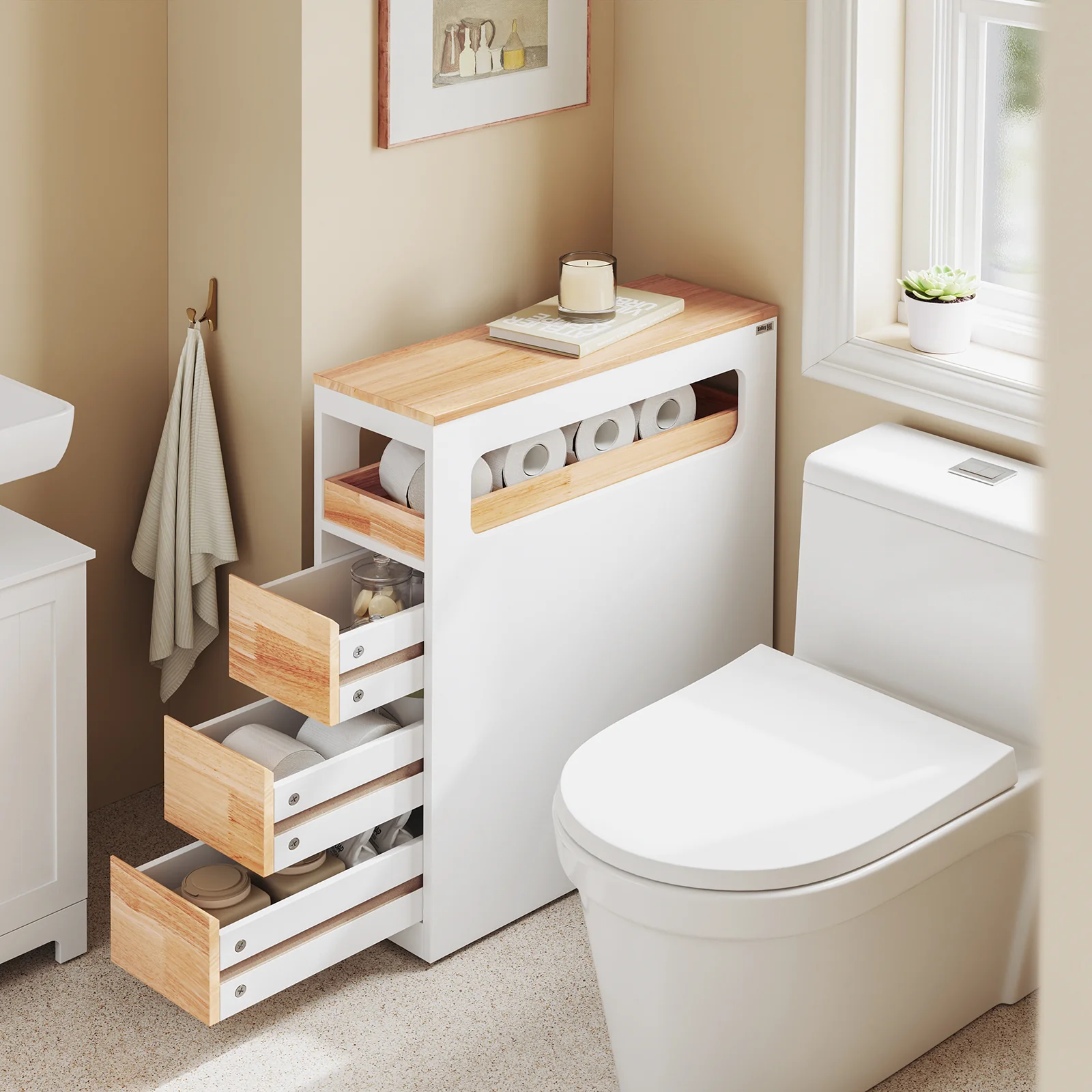 SoBuy BZR54-III-WN Compacte Badkamerkast met Wielen, Smalle Opbergkolom met 3 Laden en Plank, Wit & Natuur 65×23×82 cm - Image 10