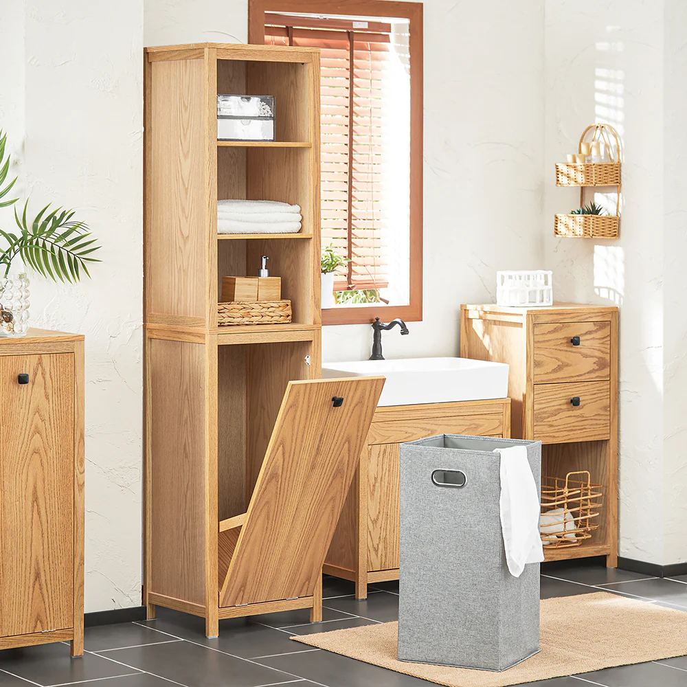 SoBuy BZR95-N Badkamerkast met Kantelbare Wasmand - Badkamer Kolomkast Staande Kast met Wasmandend met 3 Planken en 1 Wasmand - Image 3
