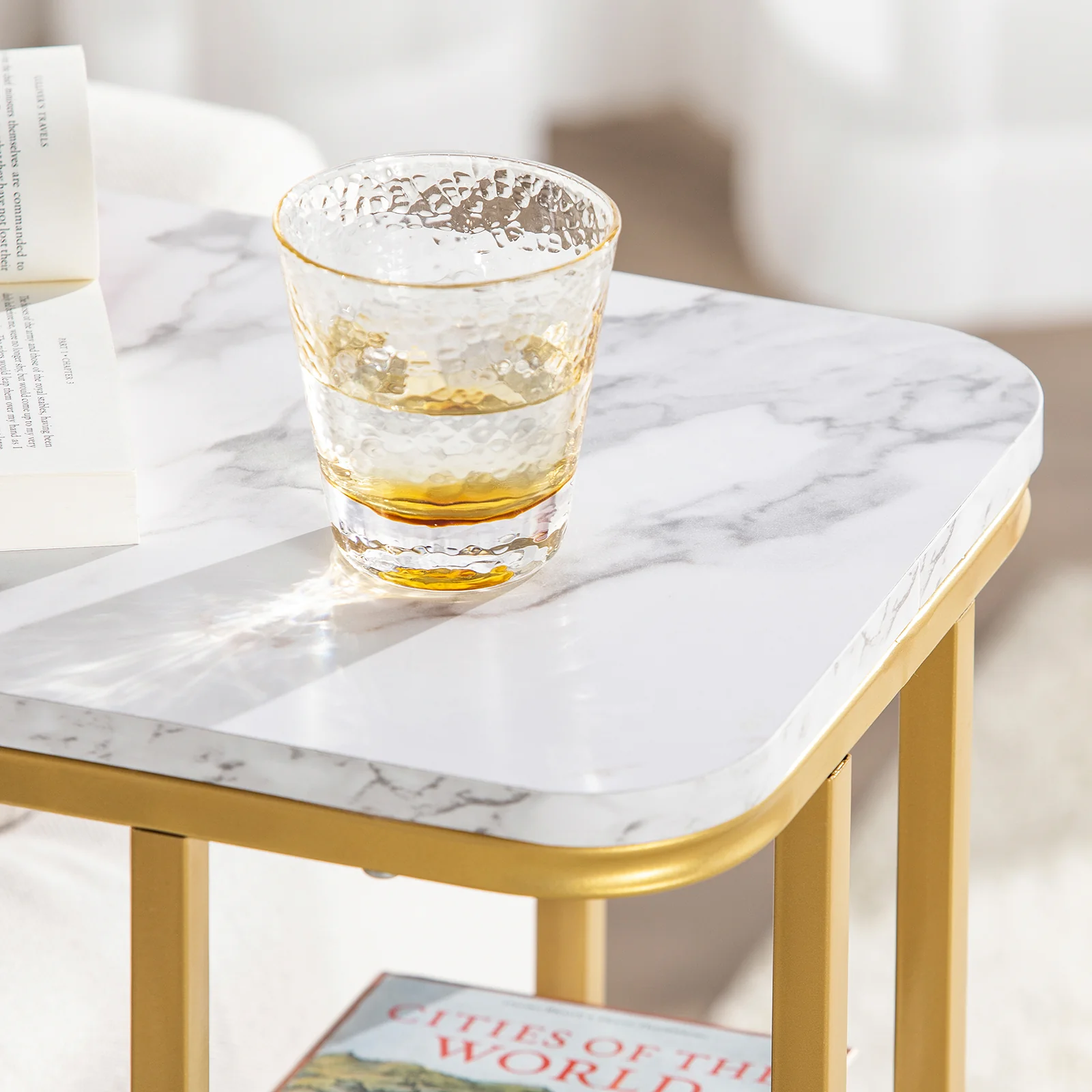 SoBuy FBT110-G Moderne bijzettafel Einde van de koffie Sofa Salontafel Nachtkastje met marmereffect Gouden metalen structuur - Image 8