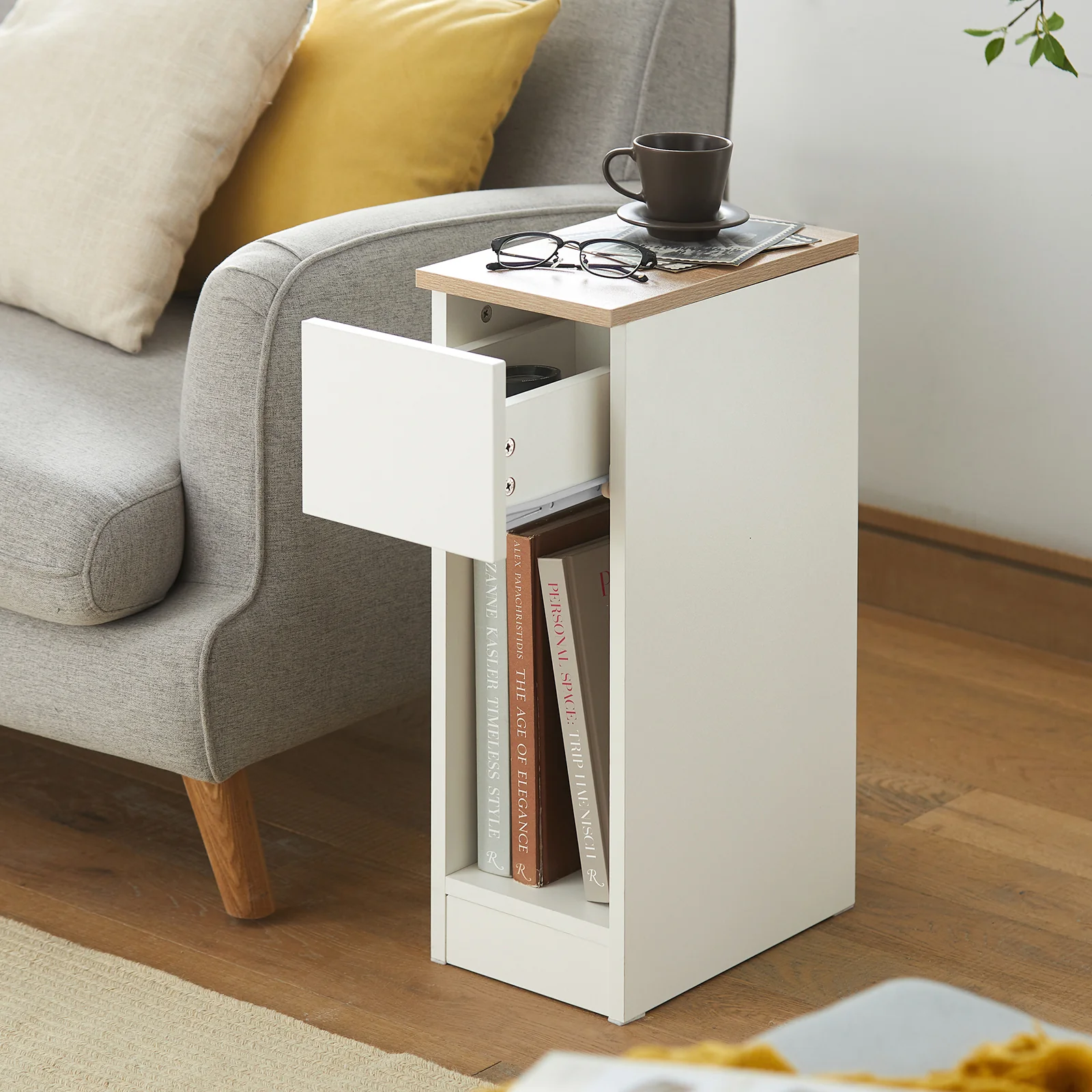 SoBuy FBT111-WNx2 Nachtkastje Set van 2, Lade & Plank, Ultra-Smal 20cm, MDF E1, 20kg – Wit - Image 3