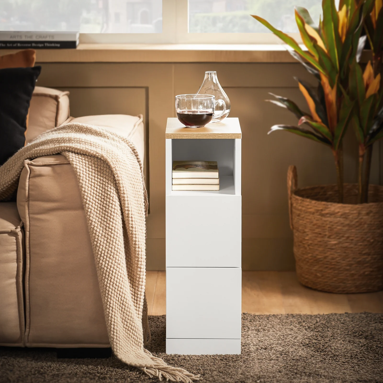 SoBuy FBT149-WN Smalle Nachtkast – Moderne Bijzettafel met 2 Lades en Open Plank – Ideaal voor Slaapkamer of Woonkamer – Wit – 20 x 35 x 60 cm - Image 3