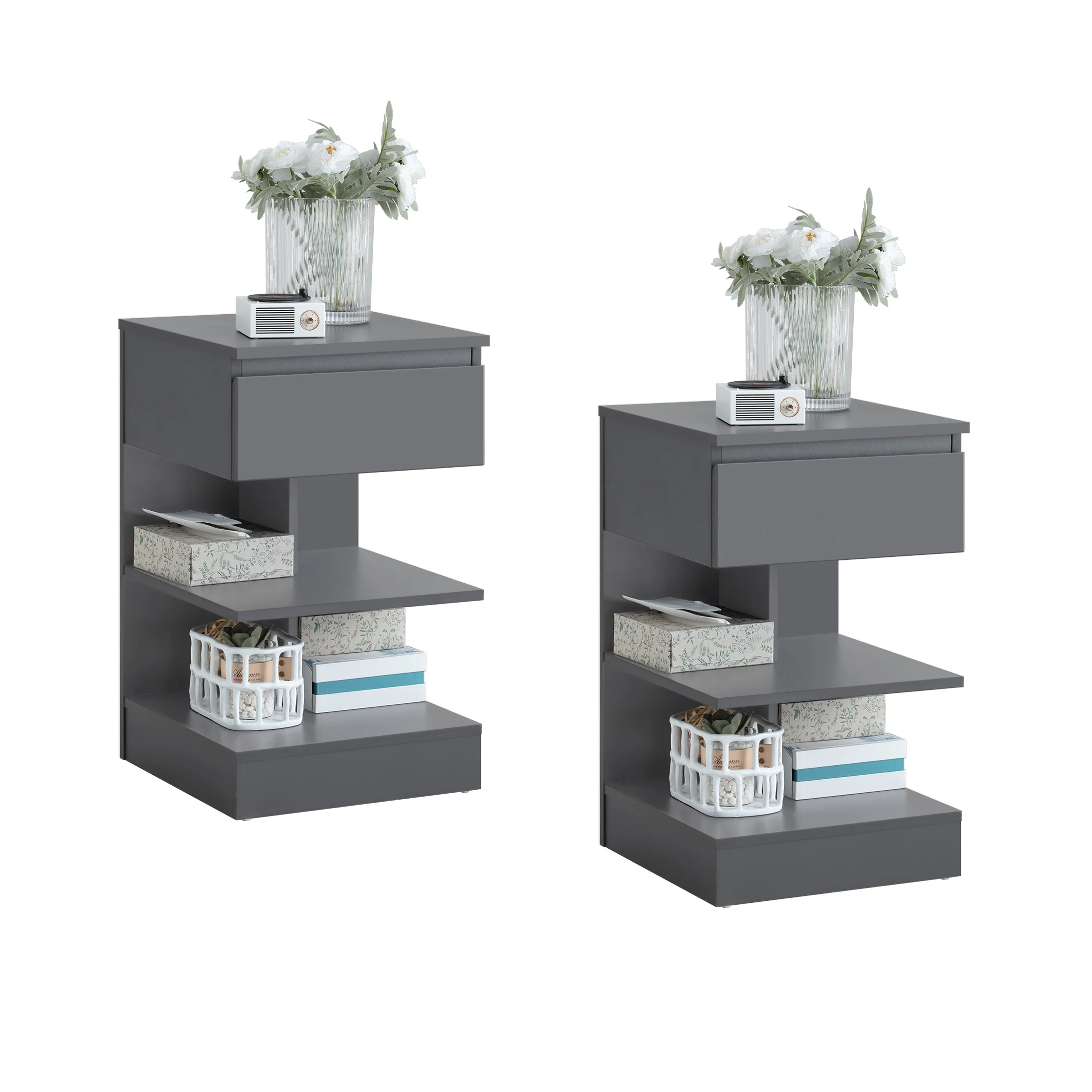 SoBuy FBT49-HGx2 Nachtkastjes – Set van 2 | Met Lade & 2 Planken | Moderne Bijzettafel voor Slaapkamer & Woonkamer | Grijs 39×39×65 cm