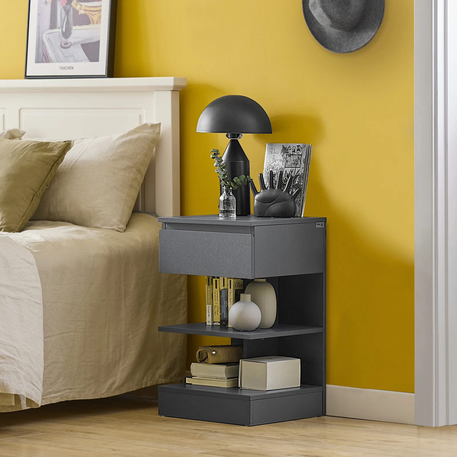 SoBuy FBT49-HG Nachtkastje met Lade en 2 Open Vakken – Moderne Bijzettafel voor Slaapkamer of Woonkamer, 39x39x65 cm, Grijs - Image 3