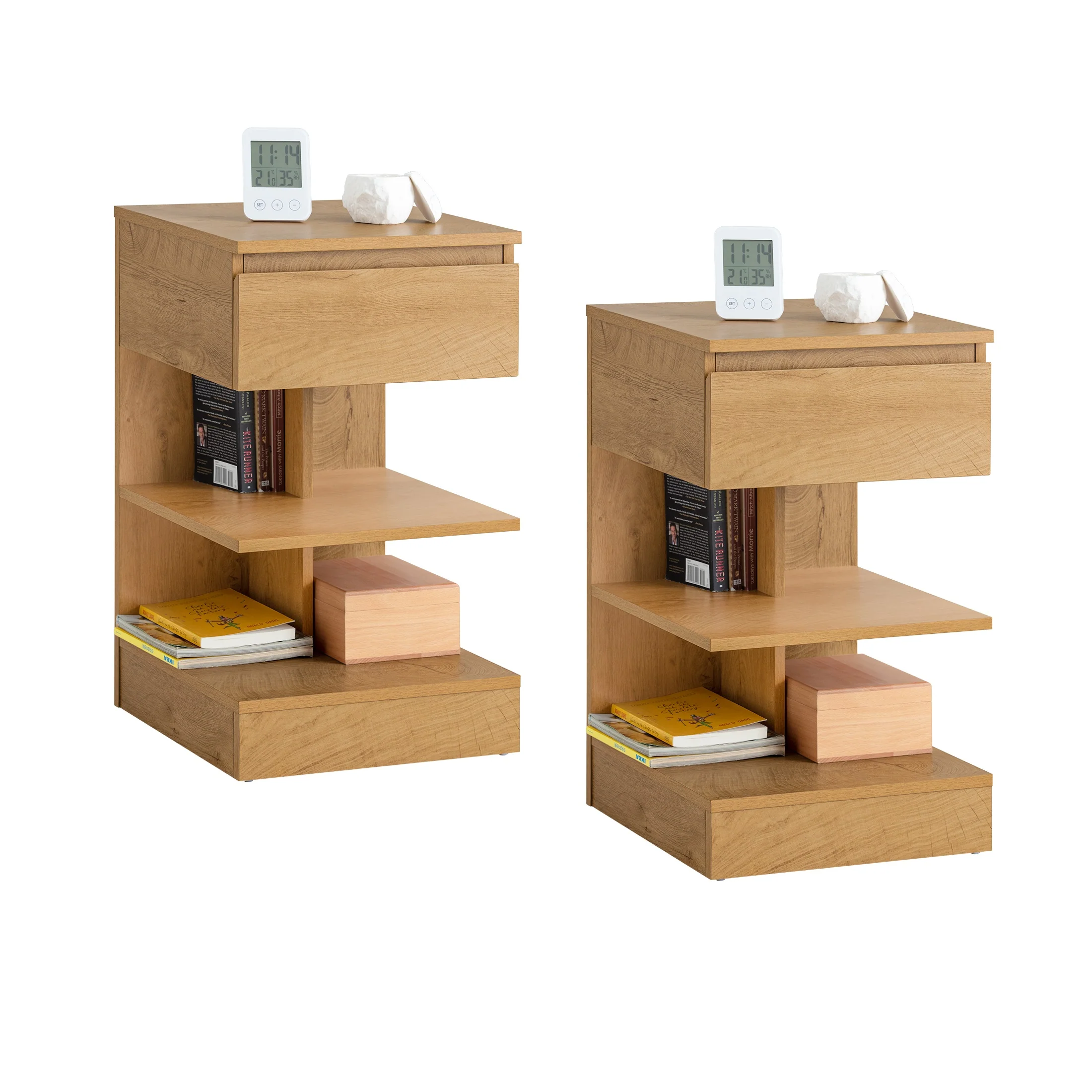 SoBuy FBT49-Nx2 Nachtkastjes Set van 2 – Modern Nachtkastje met Lade en 2 Open Planken, Bijzettafel voor Slaapkamer of Woonkamer, Naturel 39×39×65 cm