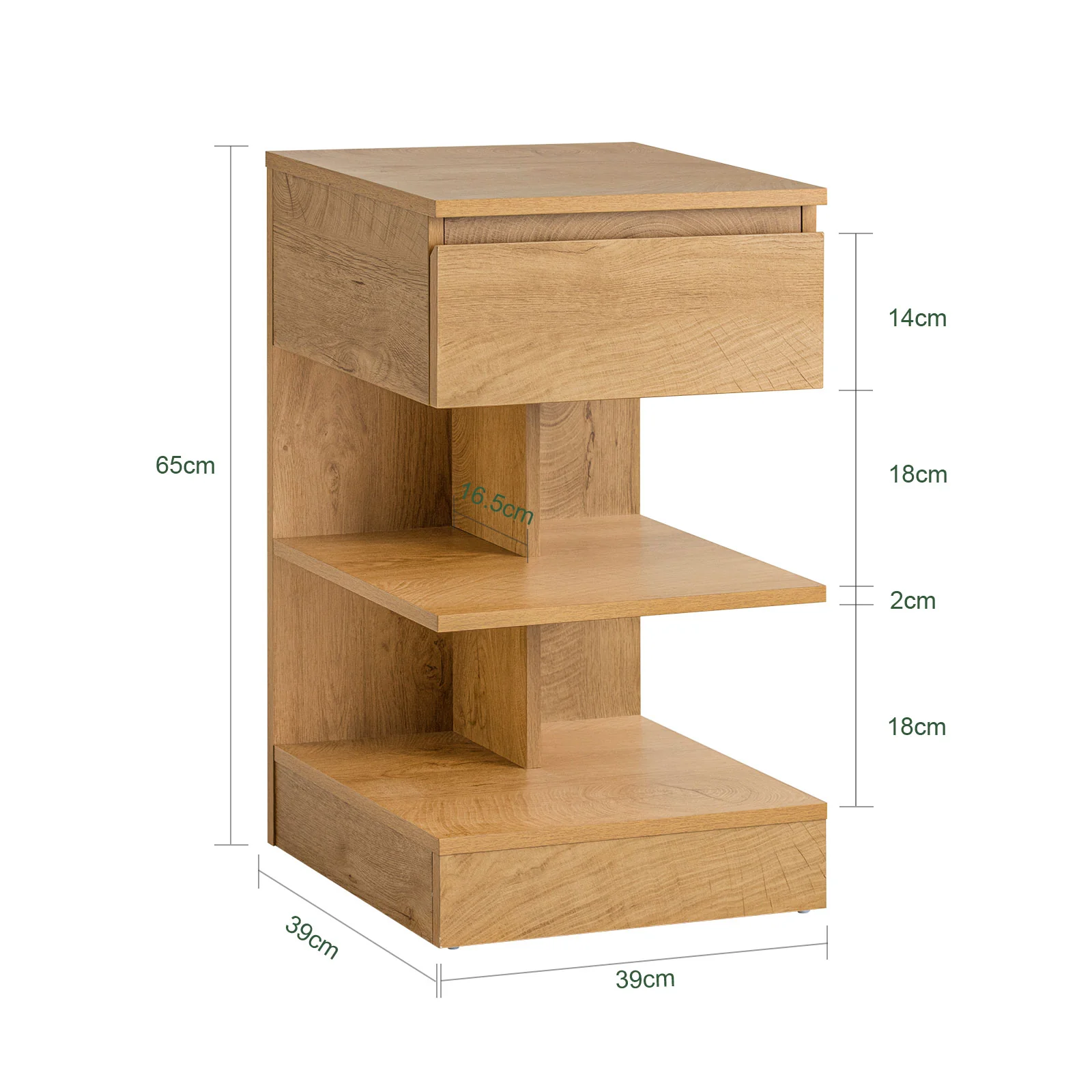 SoBuy FBT49-Nx2 Nachtkastjes Set van 2 – Modern Nachtkastje met Lade en 2 Open Planken, Bijzettafel voor Slaapkamer of Woonkamer, Naturel 39×39×65 cm - Image 5