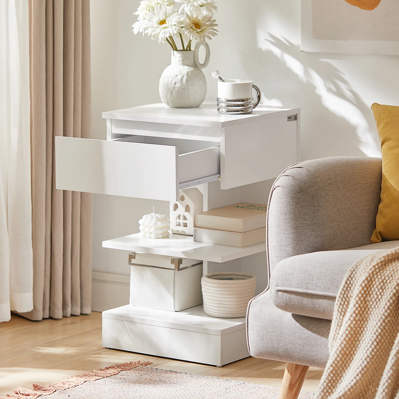 SoBuy FBT49-Wx2 Set van 2 Nachtkastjes met Lade & 2 Open Planken – Modern Bijzettafeltje voor Slaapkamer – Wit 39×39×65 cm - Image 4