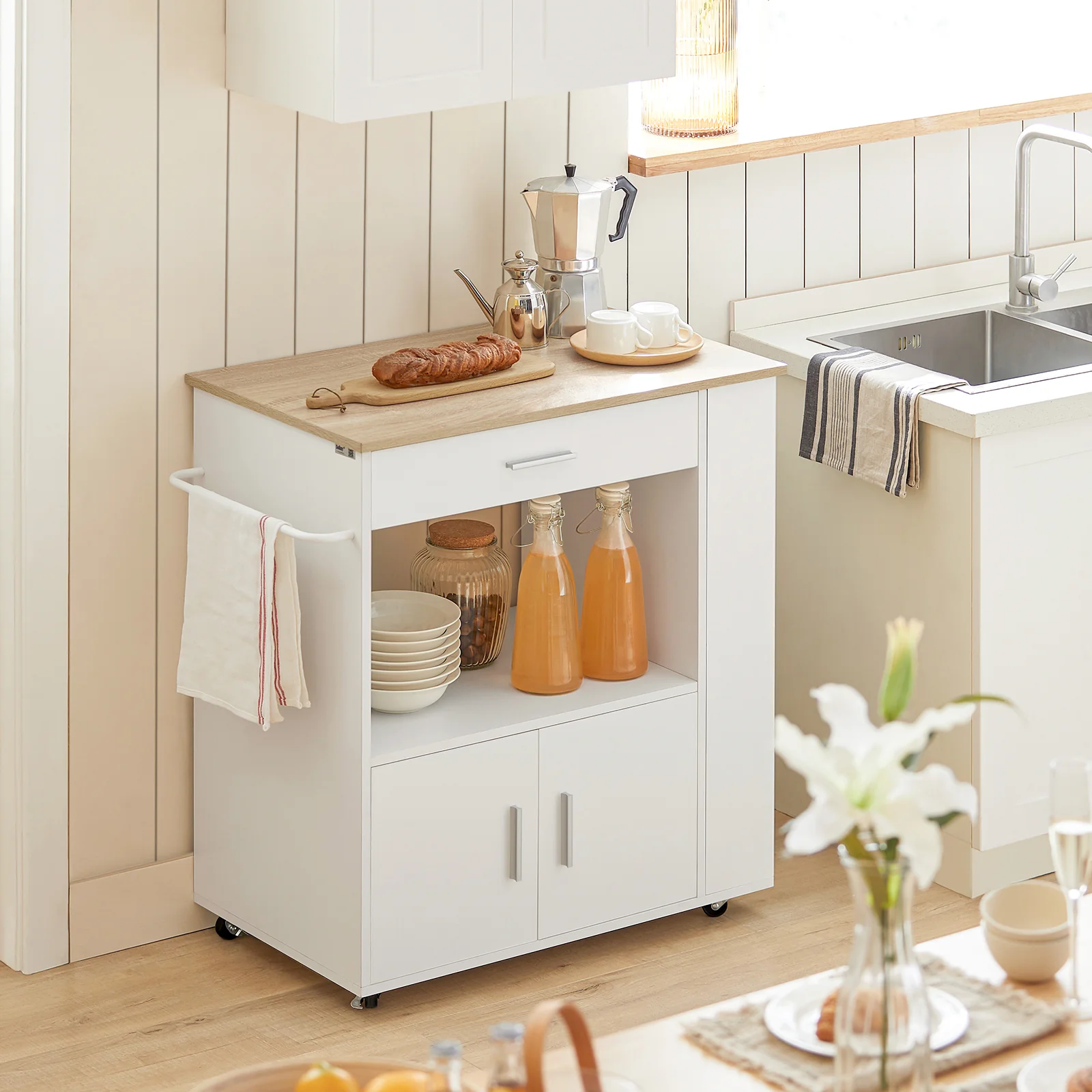 SoBuy FKW113-WN Keukentrolley op Wieltjes – Keukenopbergmeubel met Lade en Deurtjes – Wit, 75x46x83 cm - Image 18