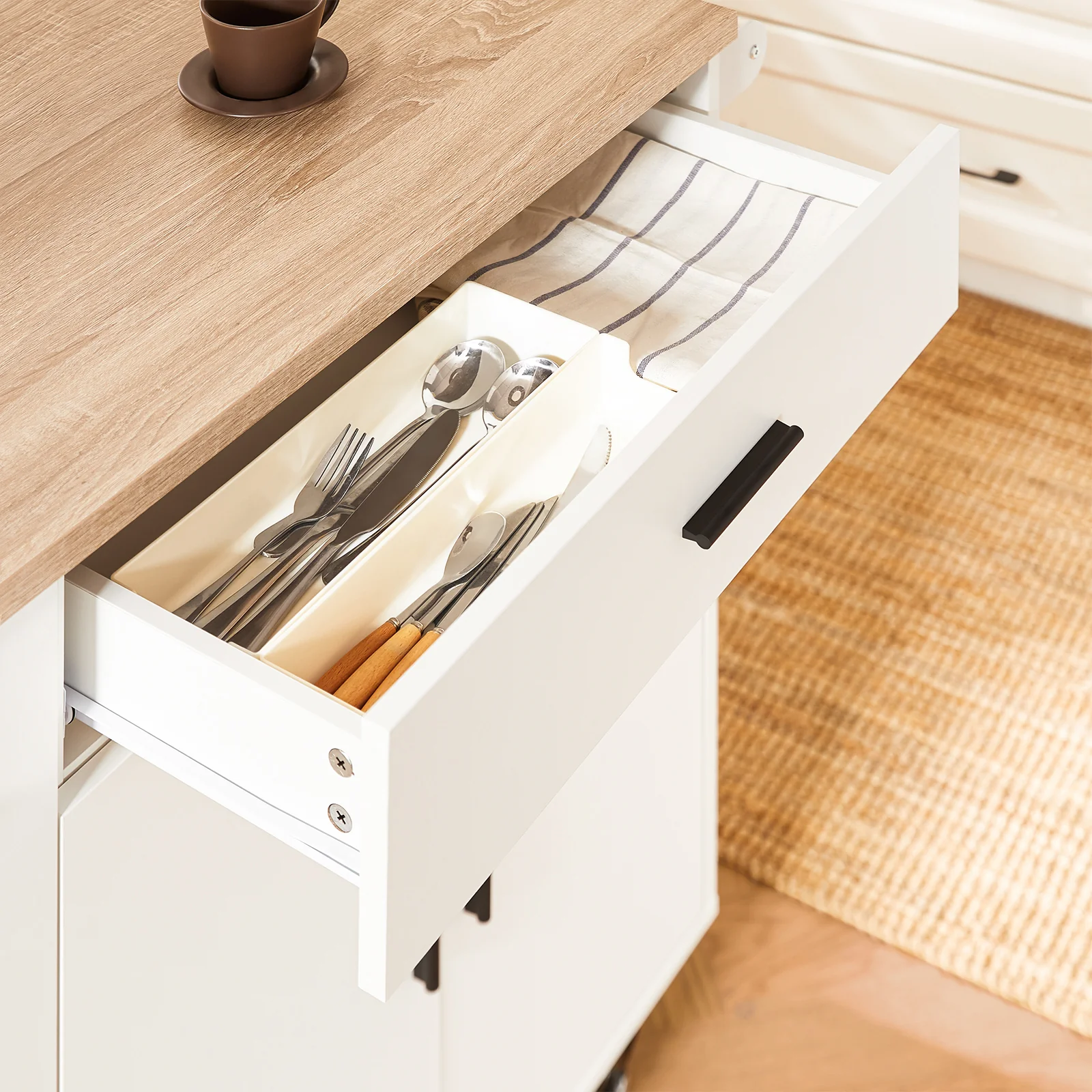 SoBuy FKW126-WN Keukenwagen met wieltjes, keukeneiland, serveerwagen, dressoir, kast, keuken, met 2 laden, 2 deuren, theedoekhouder - Image 14