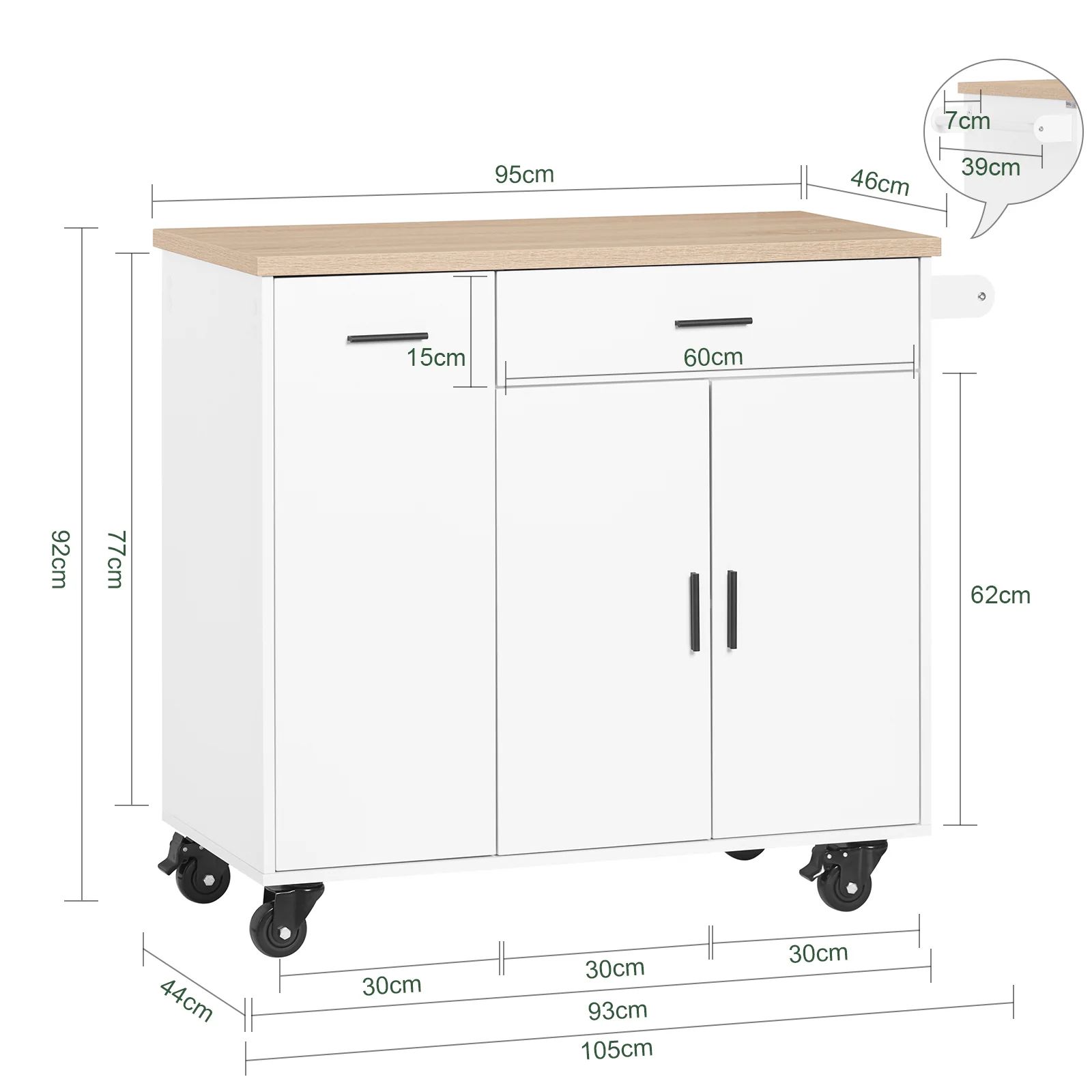 SoBuy FKW126-WN Keukenwagen met wieltjes, keukeneiland, serveerwagen, dressoir, kast, keuken, met 2 laden, 2 deuren, theedoekhouder - Image 5