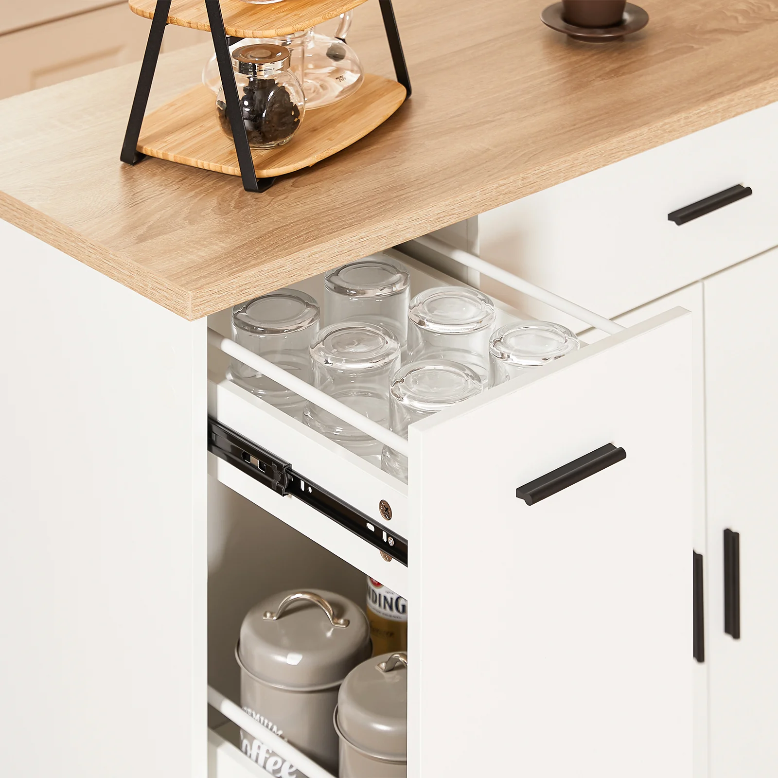 SoBuy FKW126-WN Keukenwagen met wieltjes, keukeneiland, serveerwagen, dressoir, kast, keuken, met 2 laden, 2 deuren, theedoekhouder - Image 9