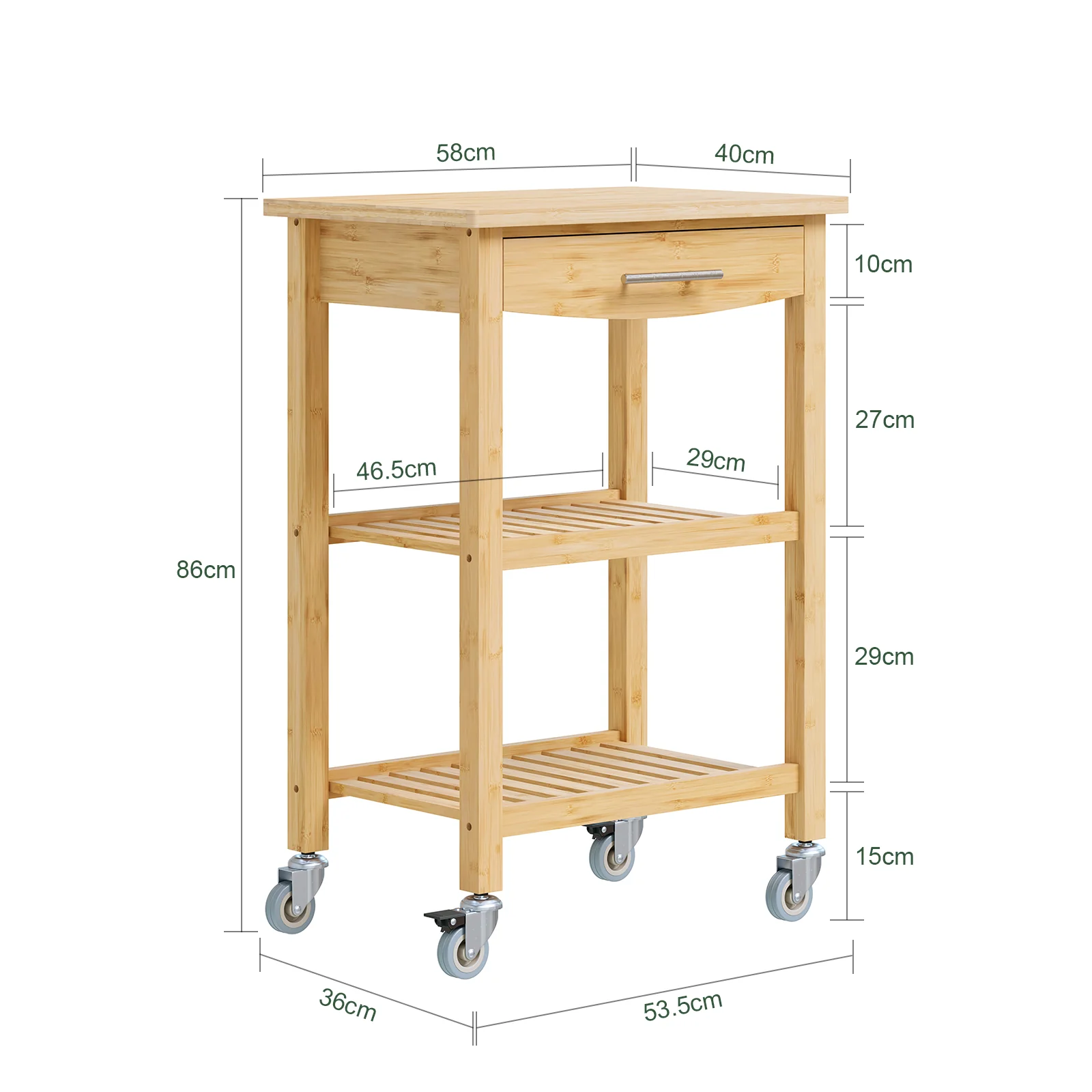 SoBuy FKW135-N keukentrolley van verkoold bamboe – houten keukentrolley met wielen, antibacterieel, vochtbestendig, geurloos, ideaal voor keuken, huis en eetkamer (58 × 40 × 86 cm) - Image 5