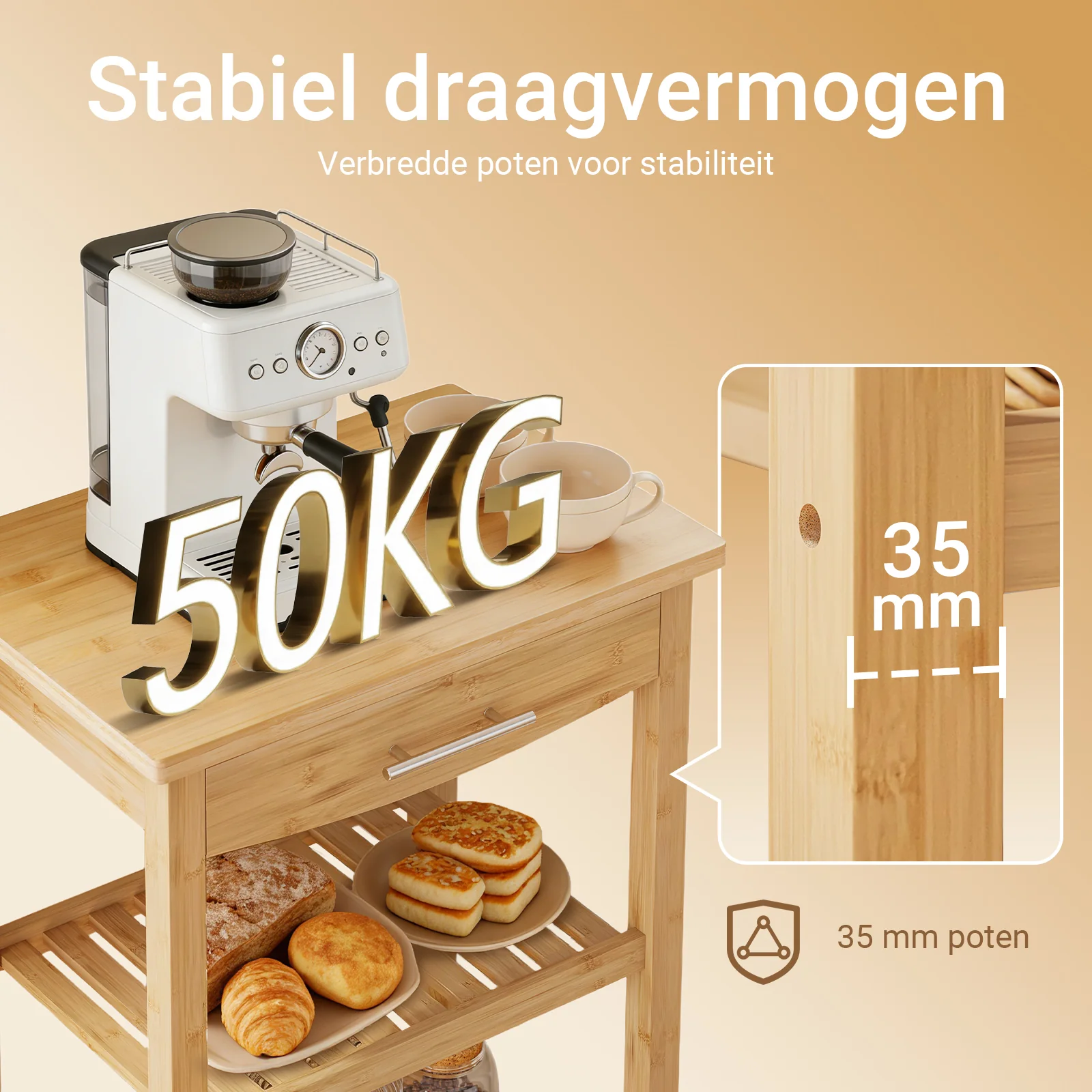 SoBuy FKW135-N keukentrolley van verkoold bamboe – houten keukentrolley met wielen, antibacterieel, vochtbestendig, geurloos, ideaal voor keuken, huis en eetkamer (58 × 40 × 86 cm) - Image 7