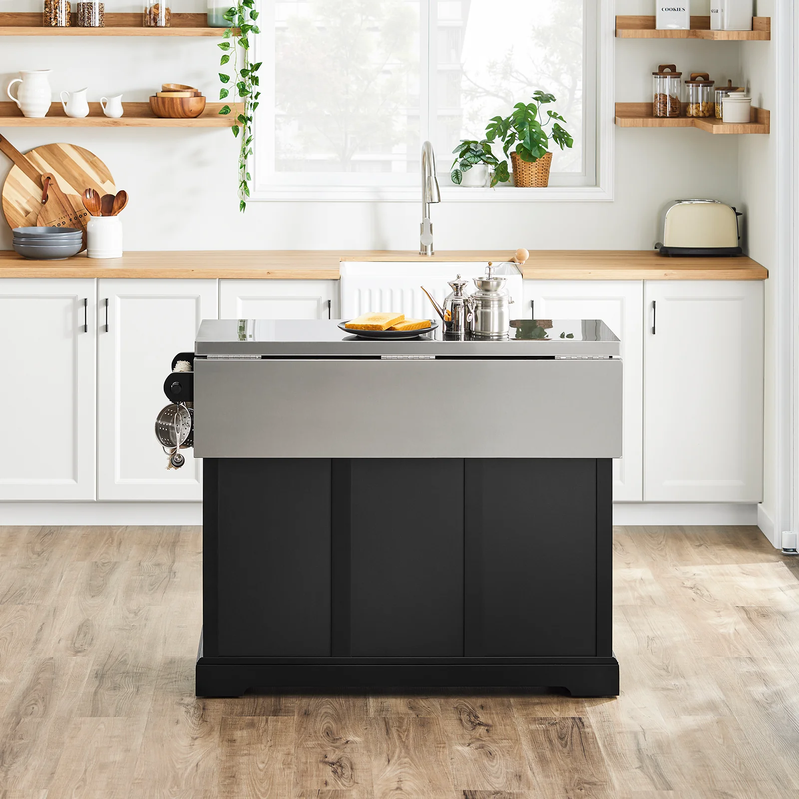 SoBuy FKW71-II-SCH Keukeneiland op Wielen met Uitschuifbaar RVS Werkblad, 2 Laden & Kast, Mobiel – Zwart, 115x46/71x92cm - Image 12