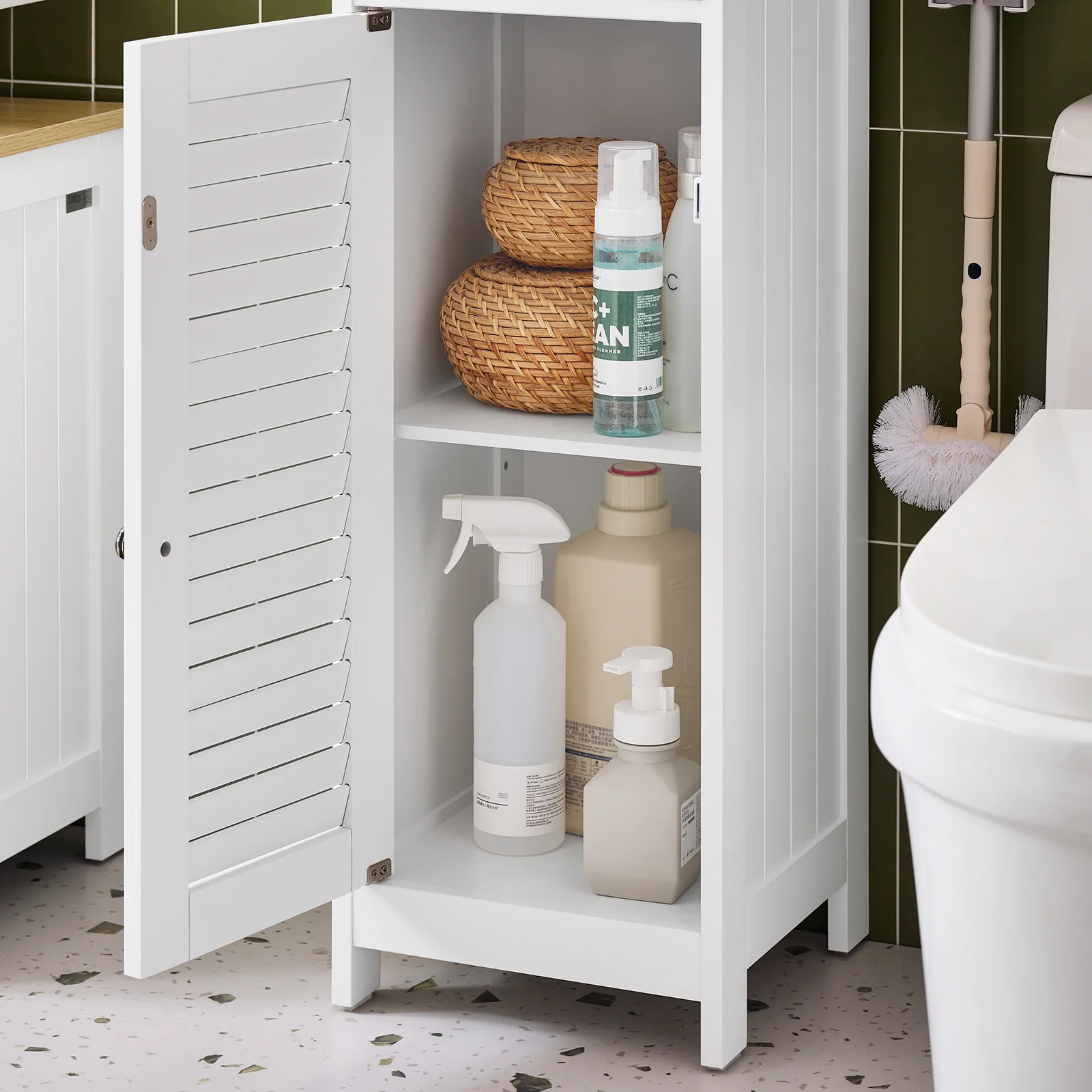 SoBuy FRG236-WN Badkamer-hoge kast badkamerrek badkamermeubel met 1 open vak, 1 lade en deuren wit natuur - Image 10