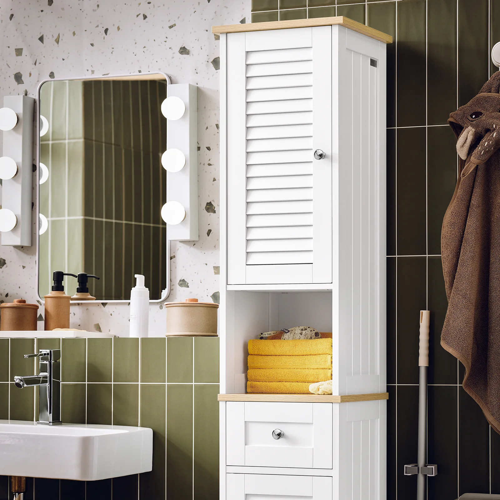 SoBuy FRG236-WN Badkamer-hoge kast badkamerrek badkamermeubel met 1 open vak, 1 lade en deuren wit natuur - Image 7
