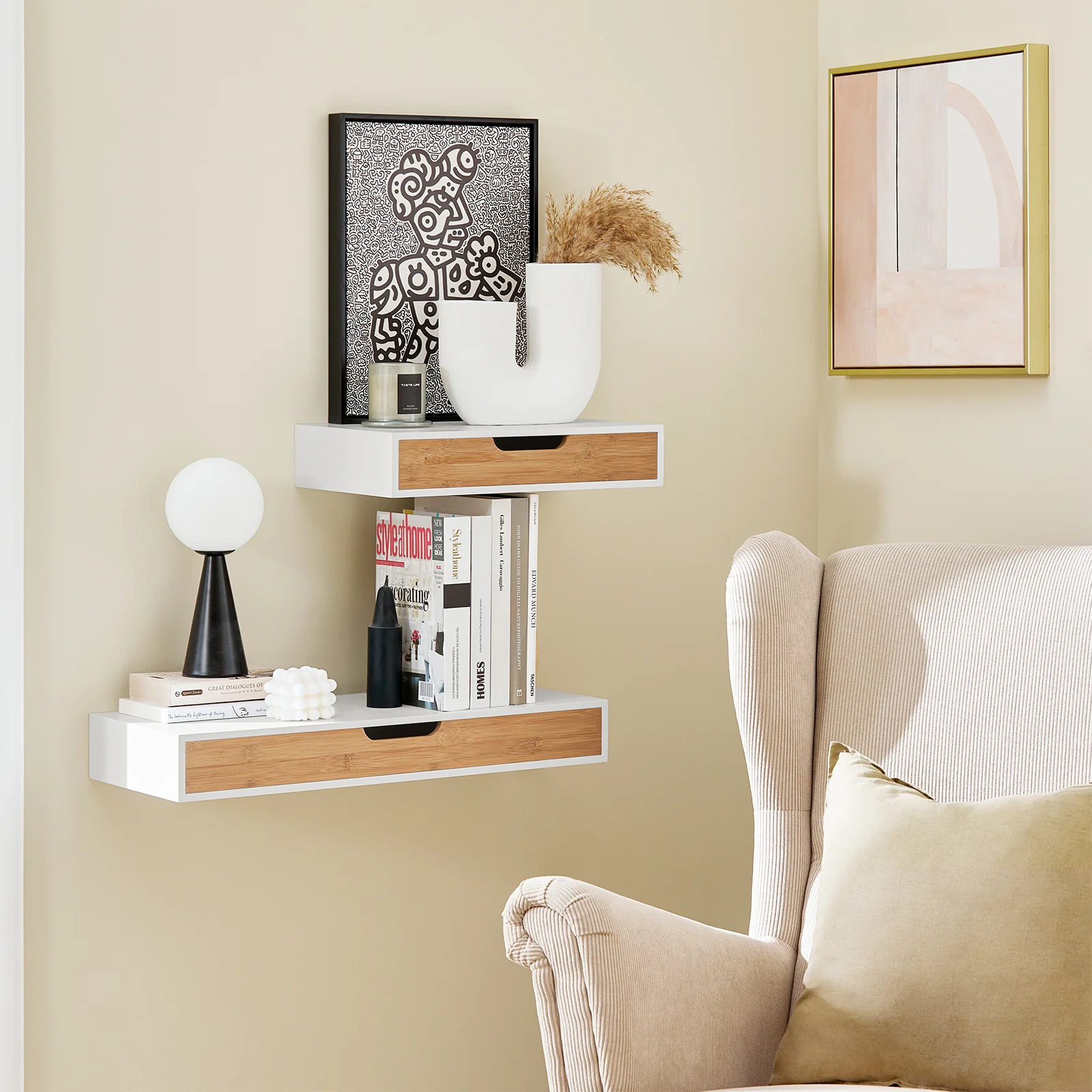 SoBuy FRG92-WN Zwevende plank wit Hangende lade Wandplank bamboe Boekenplanken - Image 4