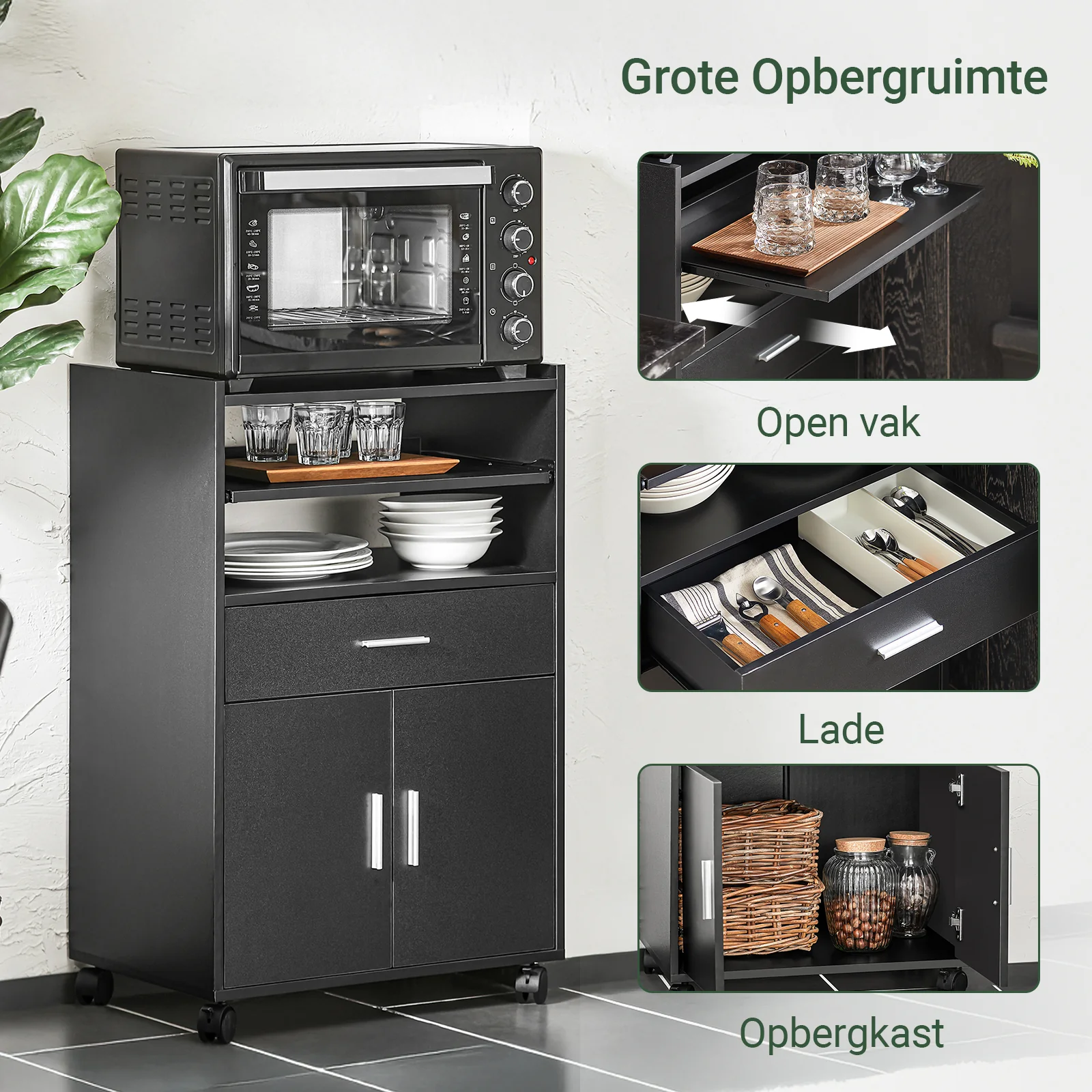 SoBuy FSB09-SCH Keukentrolley Uitschuifbaar Werkblad, 4 Zwenkwielen, 1 Lade, Magnetronkast, 59x40x92cm – Zwart - Image 3