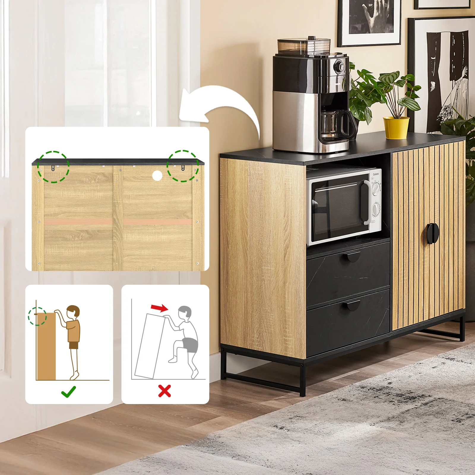 SoBuy FSB103-N Keukenkast Sideboard Dressoir met magnetronvak (Ø6 cm) en lameldeur – magnetronkast, buffetkast, multifunctionele kast voor keuken & woonkamer, eiken-zwart 107×40×85 cm - Image 4
