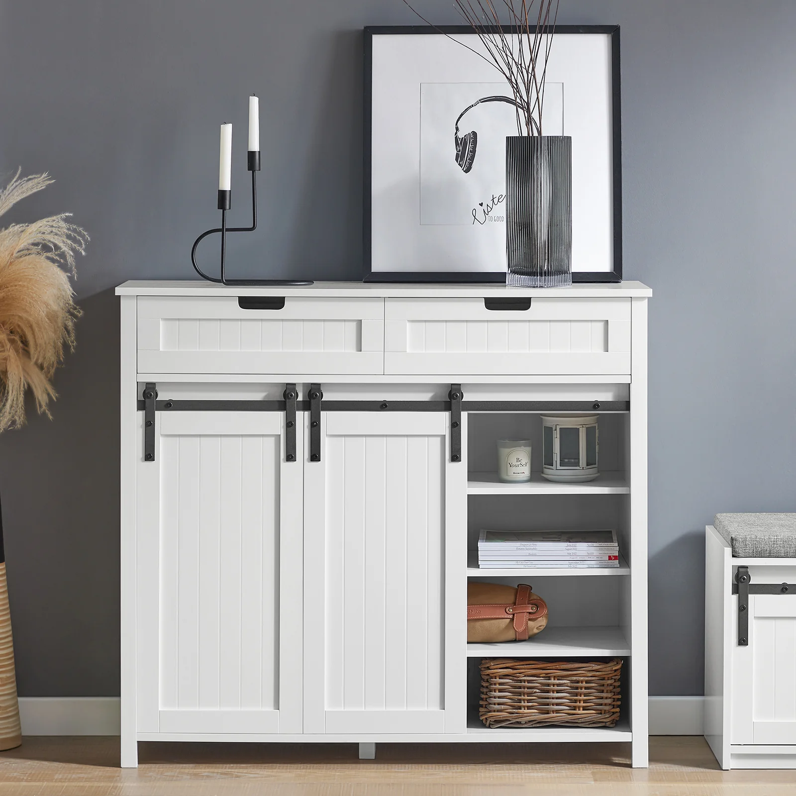 SoBuy FSB74-W Keukenkast met 2 Schuifdeuren, 2 Lades & 5 Vakken op Poten, Opbergkast voor Keuken en Woonkamer – Wit, 80x35x93cm - Image 3