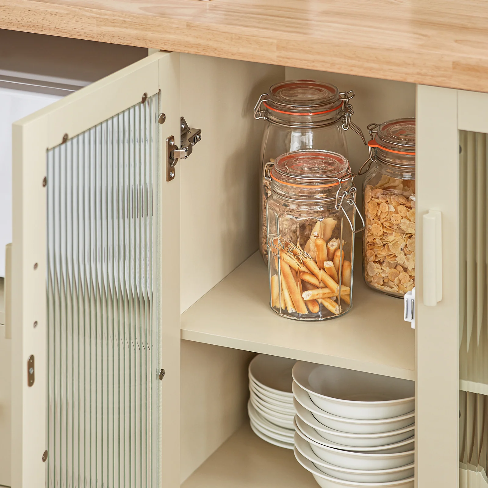 Pre-order SoBuy FSB81-MI Keukeneiland, Keukenkast, Keukenrek, Keuken Werktafel, Buffetkast, Dressoir met 2 Glazen Deuren, 2 Laden, 1 Compartiment - Image 6