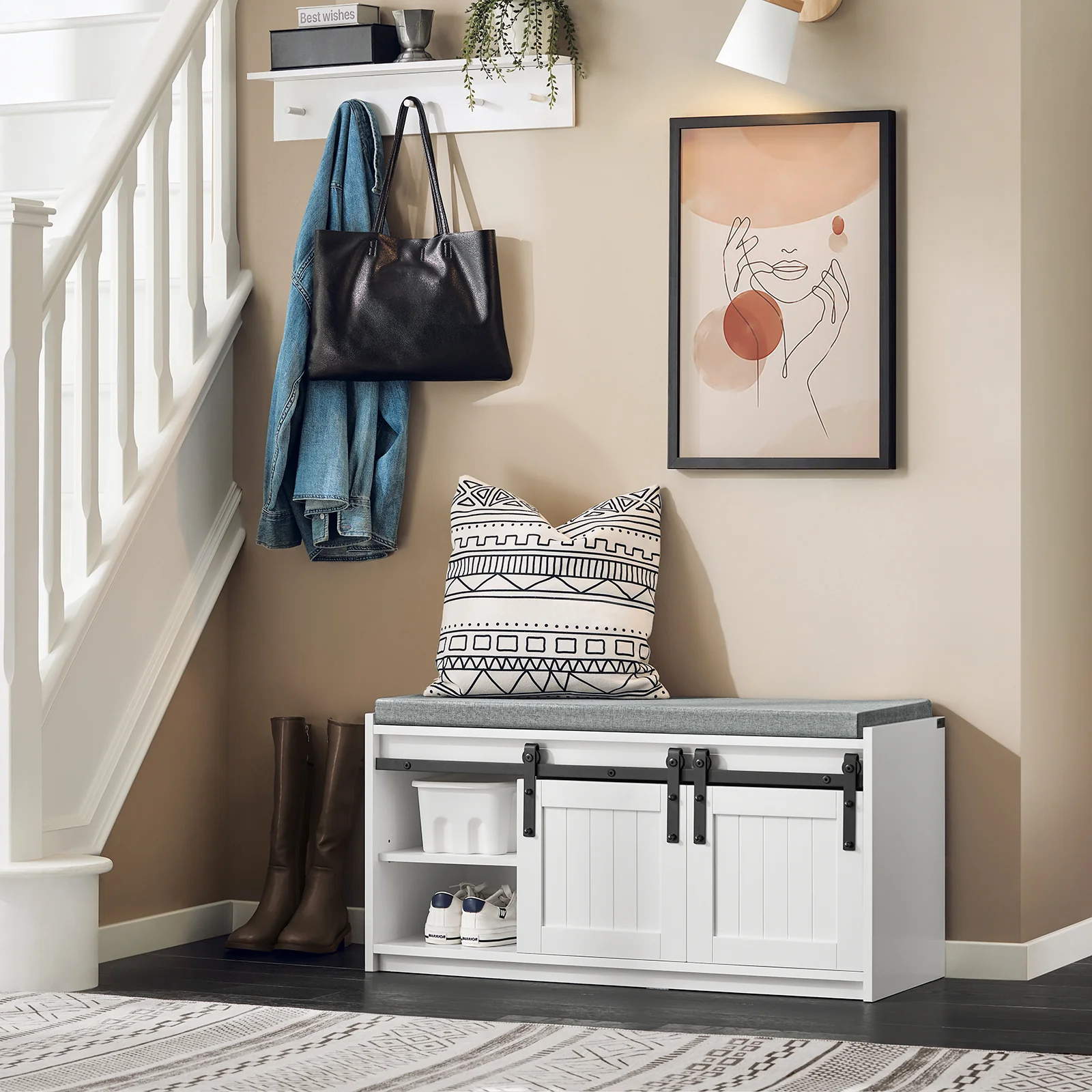 SoBuy FSR133-K-W Schoenenkast met 2 Deuren – Schoenenbank met Zitting, Opbergkast met Schuifdeur in Barn-Stijl – 90x35x46 cm - Image 3