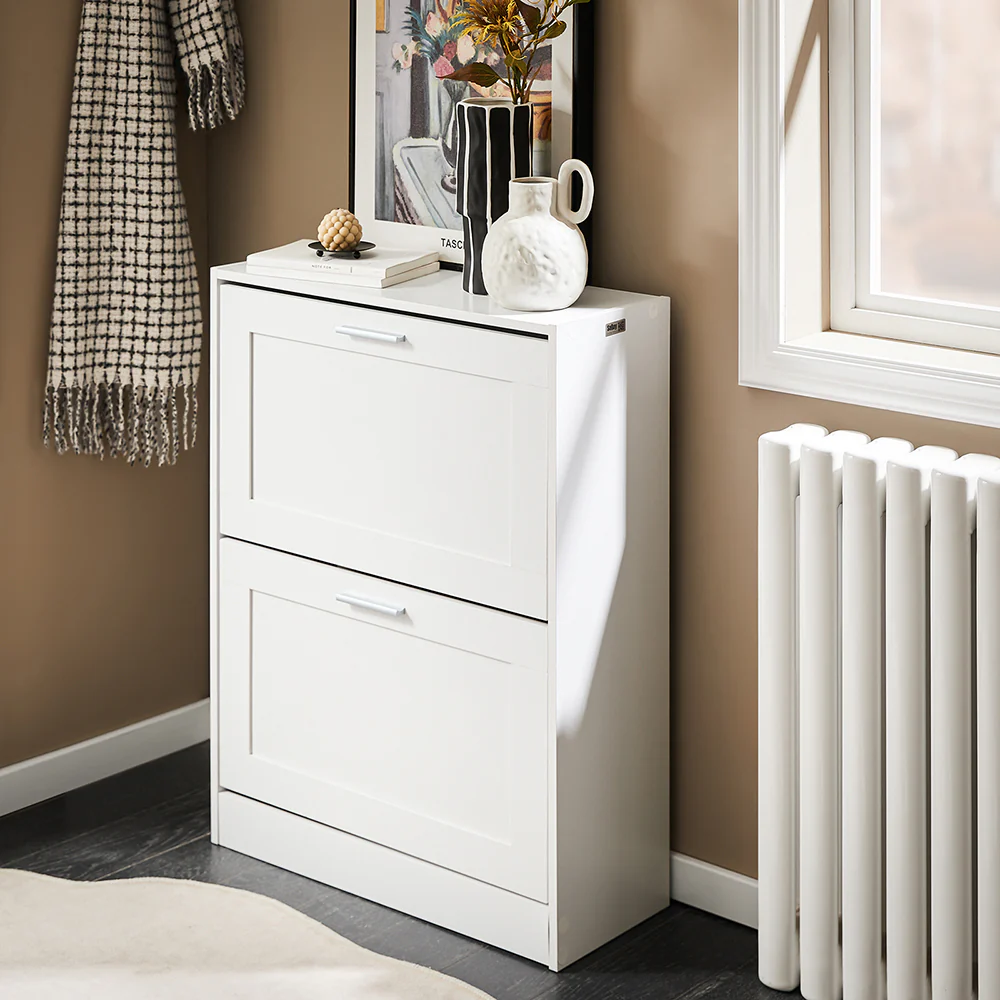 SoBuy FSR137-W Schoenenkast – Compacte Halmeubel met 2 Verstelbare Kleppen, Modern Design, Wit 60x25x80 cm - Image 4