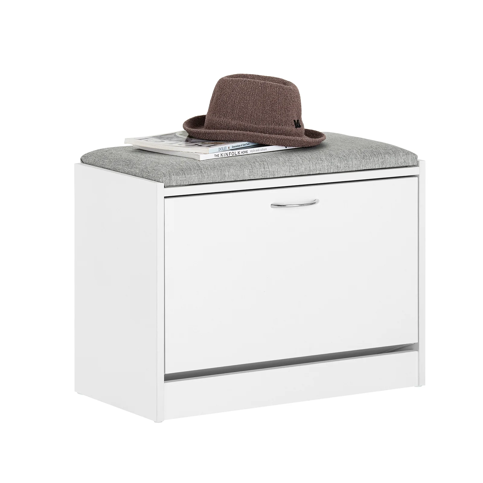 SoBuy FSR16-HG Schoenenbank Hal Meubel Schoenenkast – Compact met Klep, Comfortabel Kussen en Geïntegreerde Opbergruimte – voor Gang of Dressing, 60x30x46cm, Wit+Grijs
