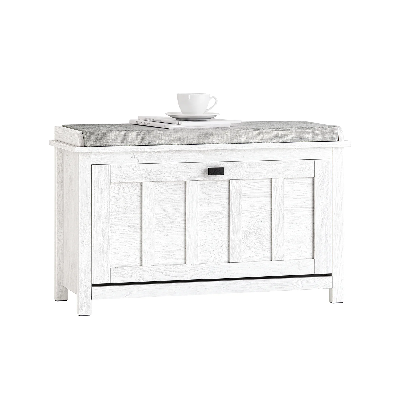 SoBuy FSR161-W Schoenenbank met Kussen – Vintage Wit – Opklapbaar Deurtje, Verstelbare Schappen & Comfortabel Zitkussen – 80×30×50 cm – 150 kg Draagvermogen