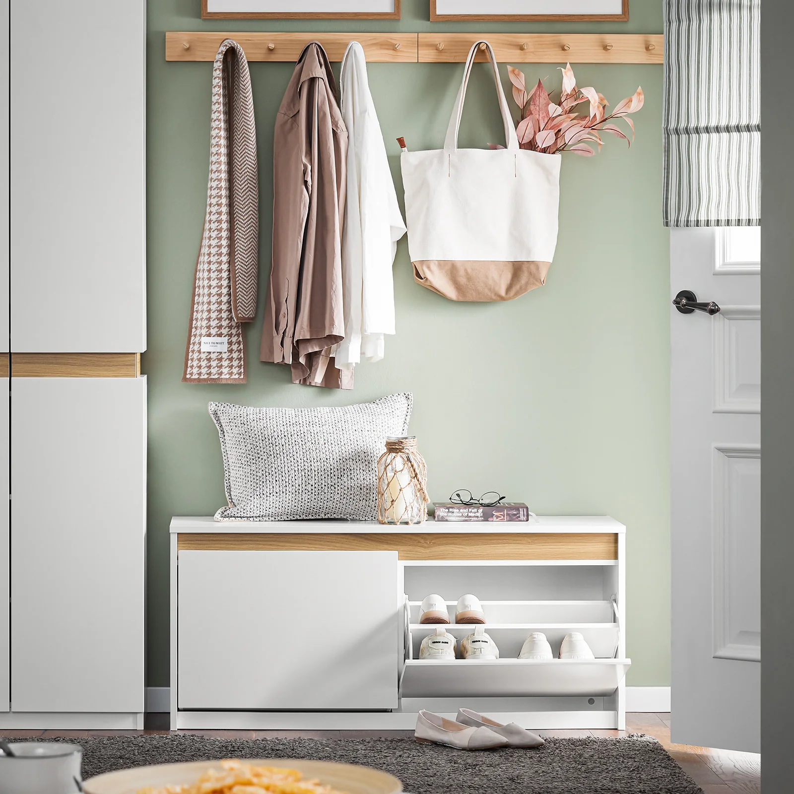 SoBuy FSR171-W Schoenenbank met 2 kleppen, ingangskast, schoenenkast met bovenvak, voor entree, woonkamer, slaapkamer - Image 3