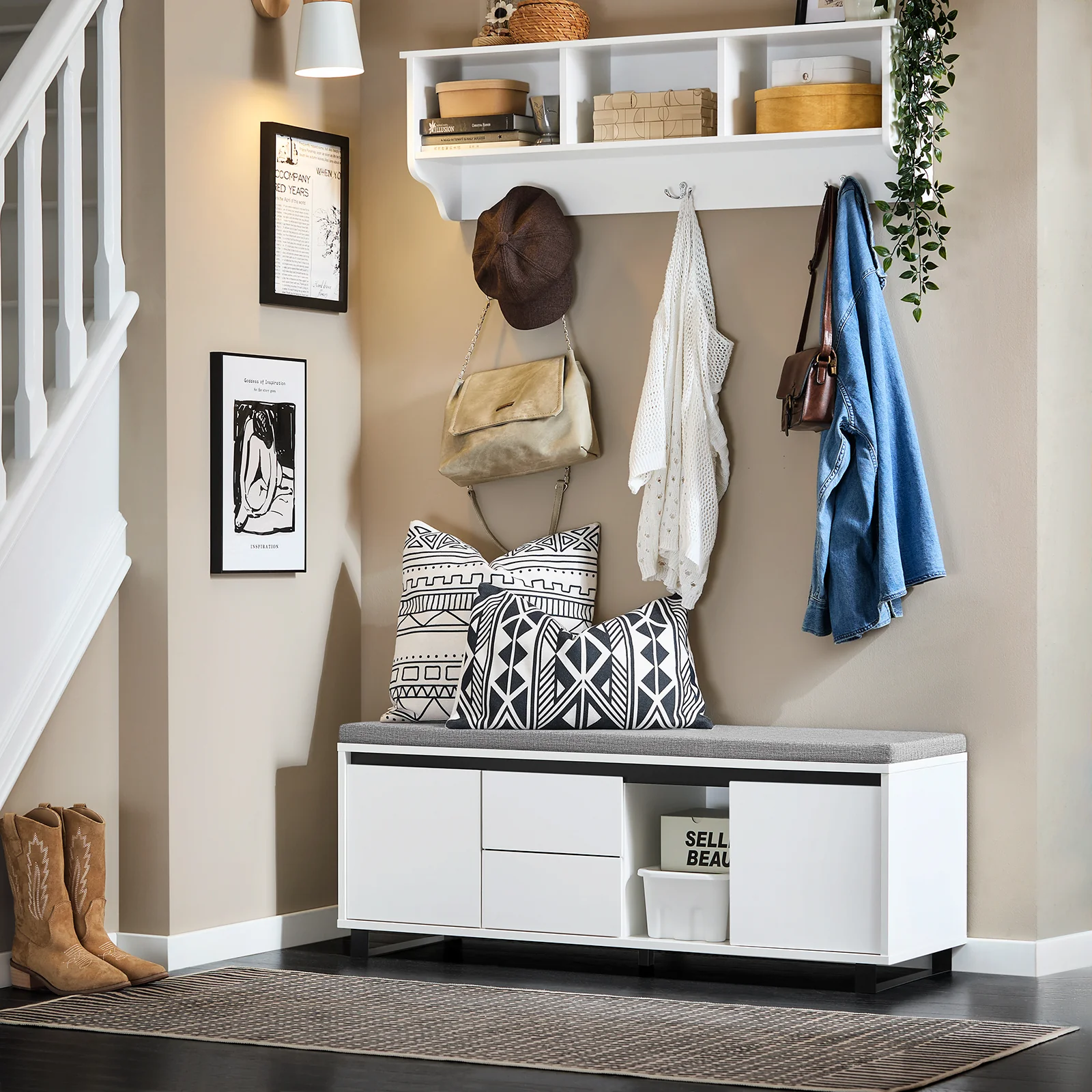 SoBuy FSR176-W Schoenbank met zitvlak schoenenkast schoenenrek met zitbank plankbank schoenenkist zitcommode smal wit - Image 4