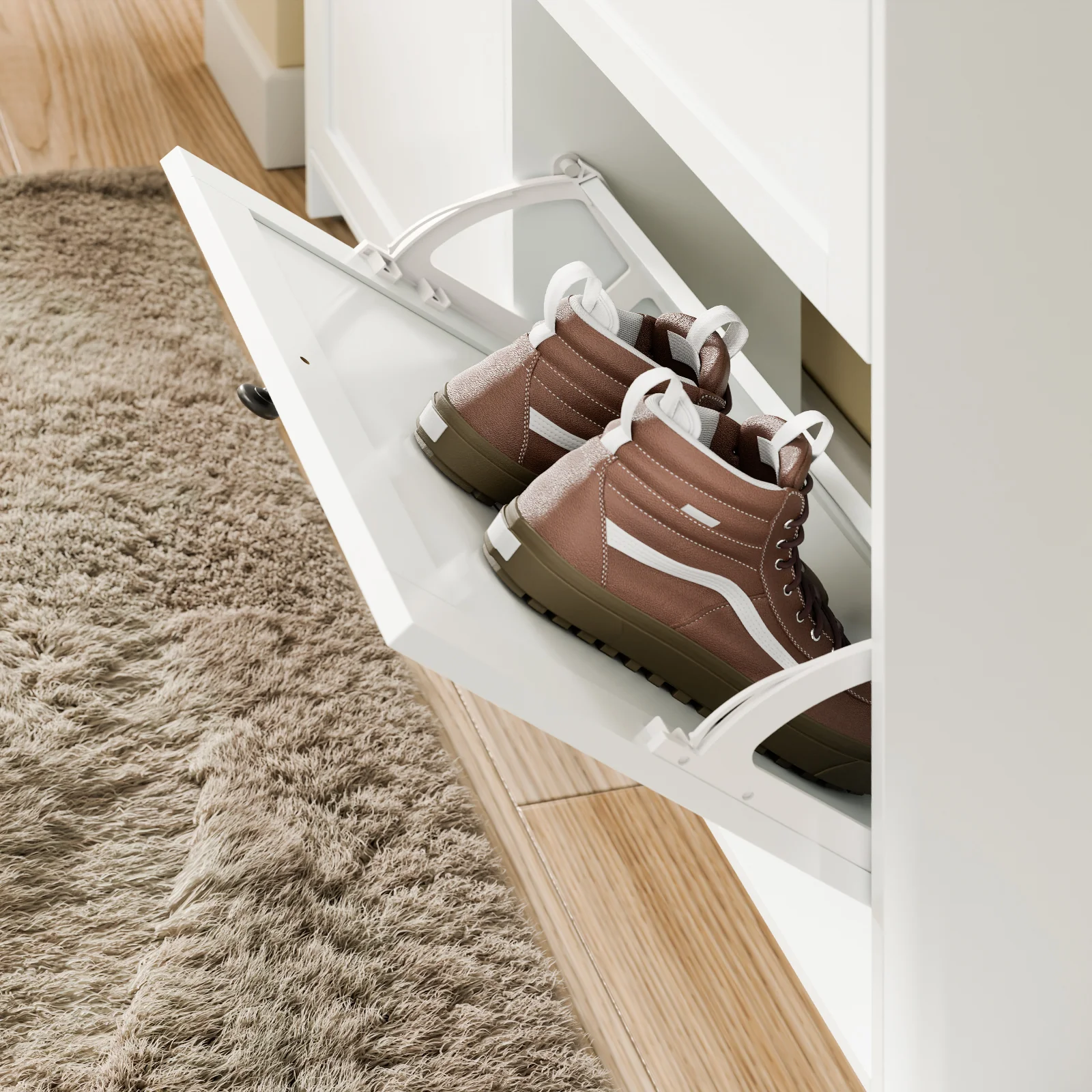SoBuy FSR208-W Schoenenkast met 2 Lades en 4 Kanteldeuren – Slanke Schoenenopberger voor 12 Paar – Compact, Modern & Ruimtebesparend – Wit MDF E1 - Image 12