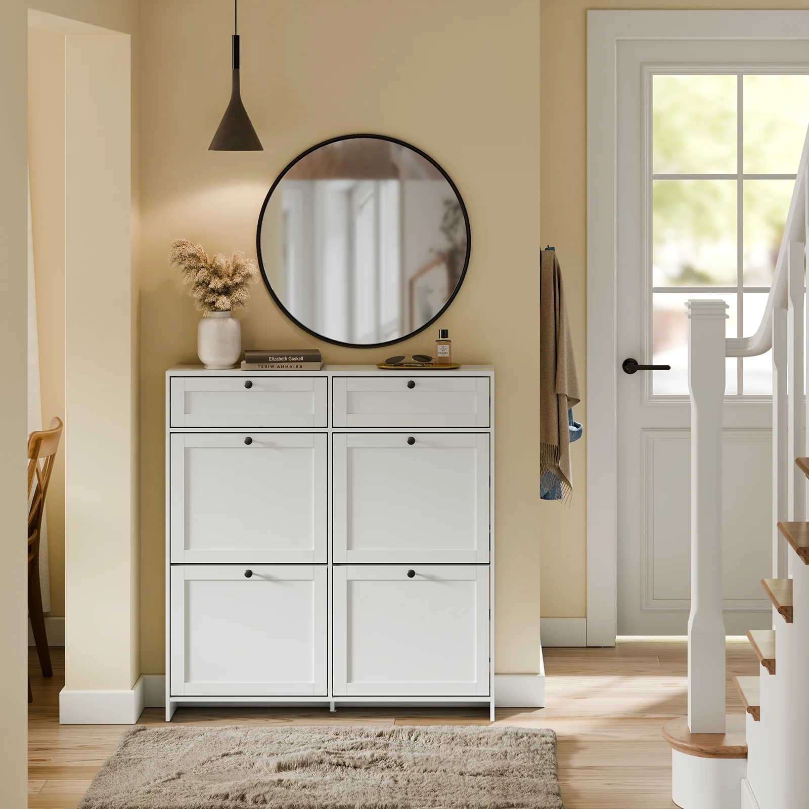 SoBuy FSR208-W Schoenenkast met 2 Lades en 4 Kanteldeuren – Slanke Schoenenopberger voor 12 Paar – Compact, Modern & Ruimtebesparend – Wit MDF E1 - Image 2