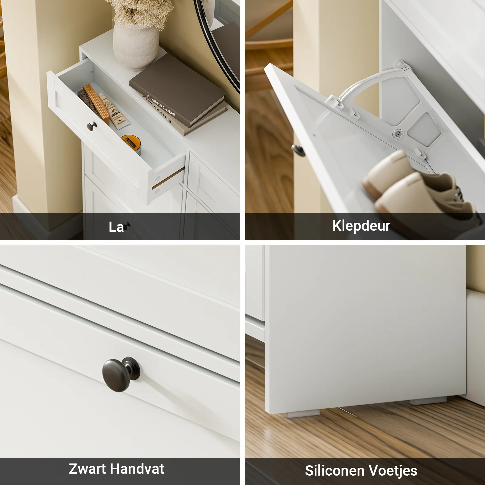 SoBuy FSR208-W Schoenenkast met 2 Lades en 4 Kanteldeuren – Slanke Schoenenopberger voor 12 Paar – Compact, Modern & Ruimtebesparend – Wit MDF E1 - Image 8
