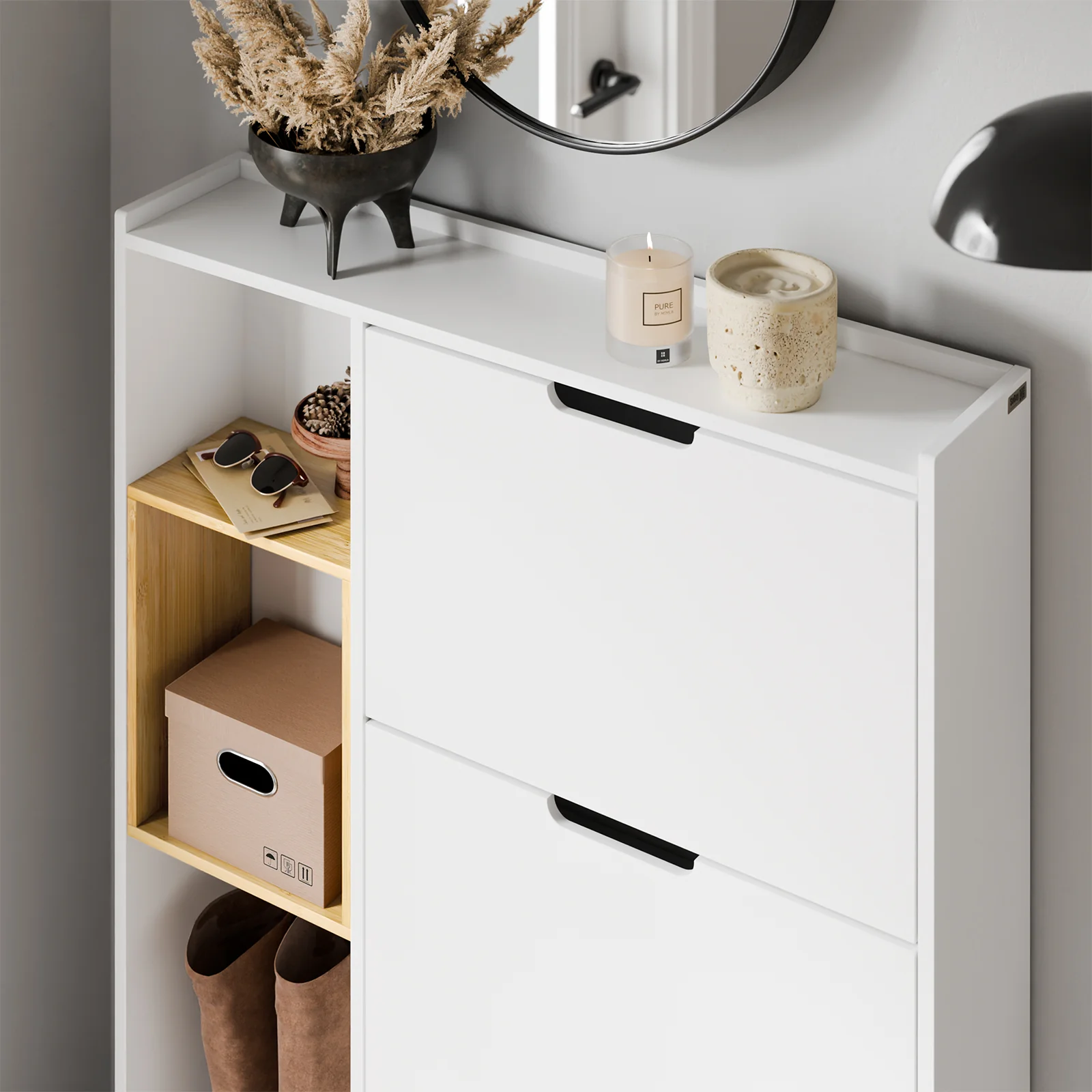 SoBuy FSR209-WN Smalle Schoenenkast voor Hal – Witte Schoenenkast met 3 Kleppen – Ruimte voor 9 Paar – Ideaal voor Kleine Ruimtes – MDF & Bamboe, 90×19×129,5 cm - Image 12