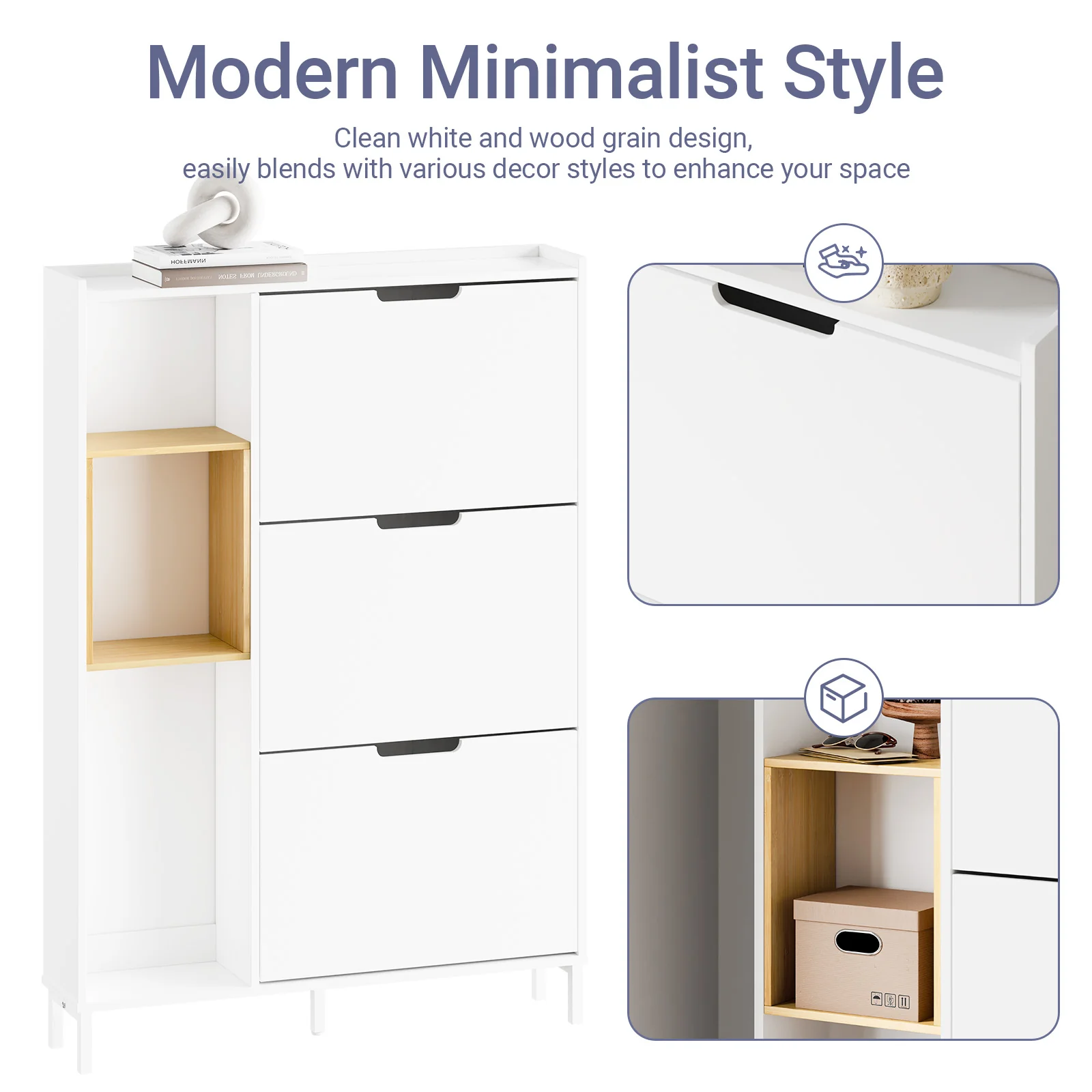 SoBuy FSR209-WN Smalle Schoenenkast voor Hal – Witte Schoenenkast met 3 Kleppen – Ruimte voor 9 Paar – Ideaal voor Kleine Ruimtes – MDF & Bamboe, 90×19×129,5 cm - Image 7