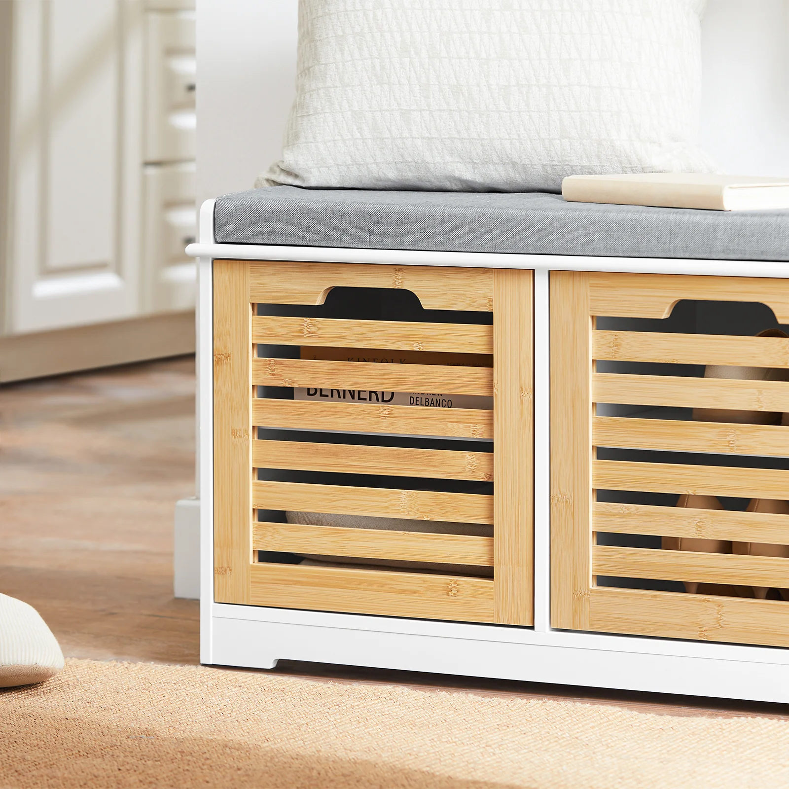 SoBuy FSR23-II-WN Schoenenbank met Opbergruimte en Comfortkussen – 2-Deurs Schoenenkast voor Hal – 71x35x43cm, Wit/Naturel - Image 8