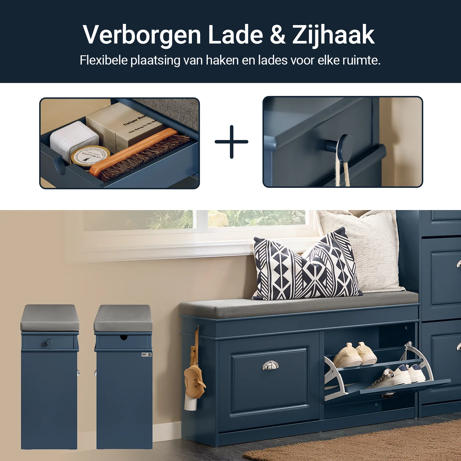 SoBuy FSR64-B Schoenenkast Schoenenopberger Schoenbank Hal - 2 Kleppen met Verwijderbaar Kussen, Opbergvak Plank voor Smalle Hal, Gelakt Hout, L104xD24xH51cm, Blauw - Image 3