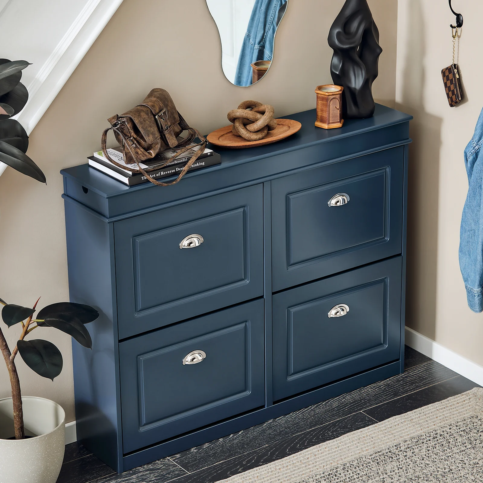 SoBuy FSR79-B Schoenenkast met 4 Kleppen, Schoenenopbergkast voor Hal, Schoenenmeubel, Opbergruimte voor 16 Paar Schoenen, voor Gang en Entree, 105x24x83 cm, Blauw - Image 4