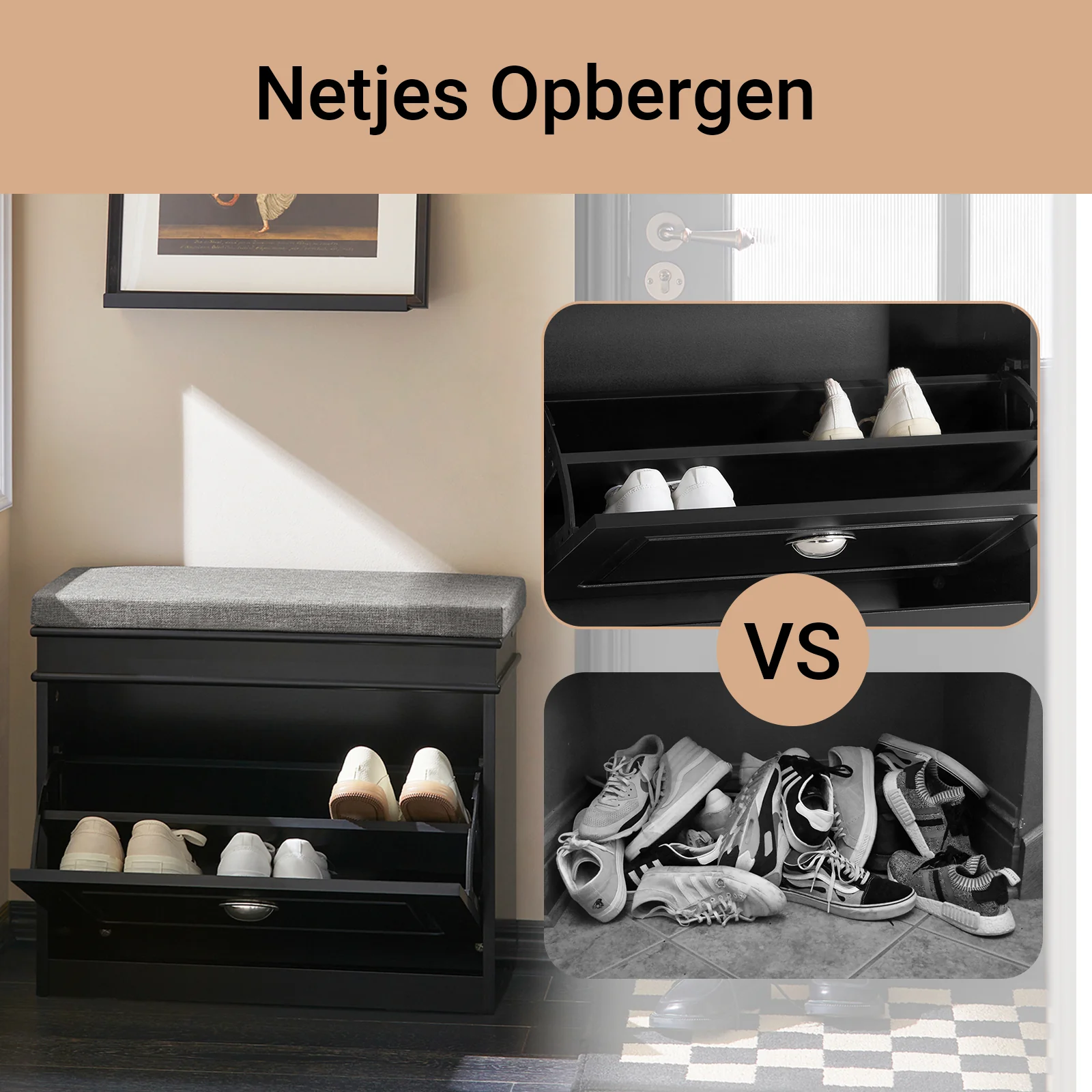 SoBuy FSR82-K-SCH Smalle Schoenenkast met Zitbank – Slimme Schoenenbank voor de Hal, Houten Schoenenkast met Opbergruimte, Verstelbaar, Zwart L60D24H51 cm - Image 3