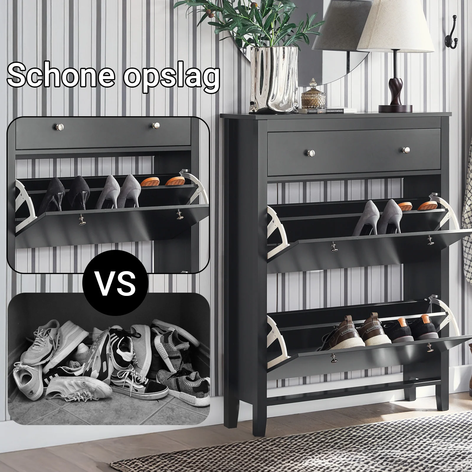 SoBuy FSR89-SCH Schoenenkast 2 kleppen Entreekast Schoenenopbergdoos met grote lade Zwart- 80x25x108 cm - Image 8