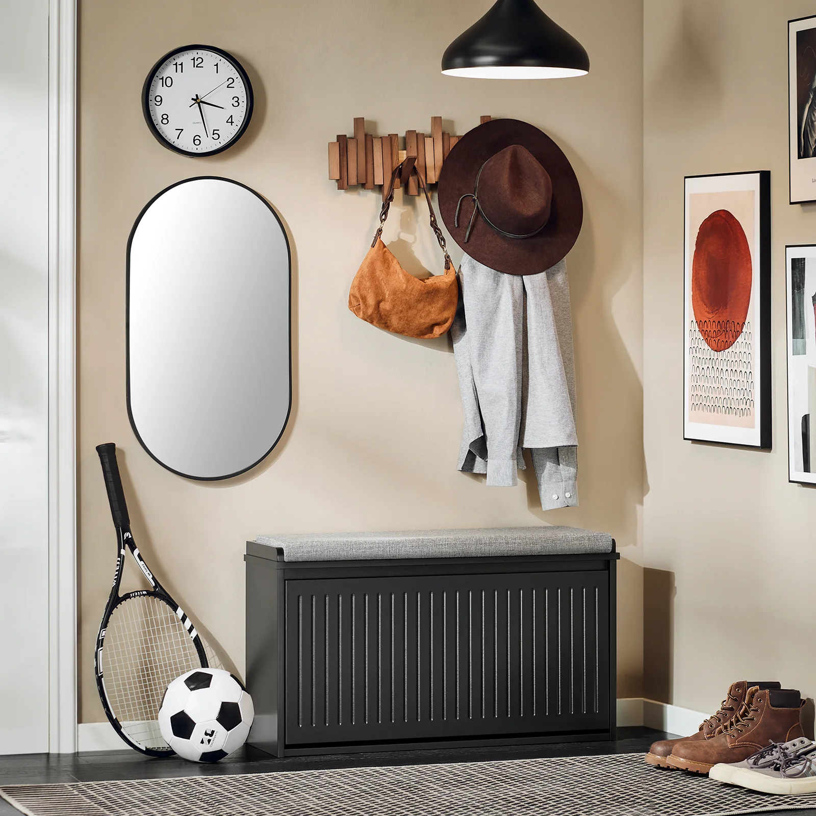 SoBuy FSR98-L-SCH Schoenenbank met Kussen en Opbergruimte – Zwarte Schoenenkast met Klep, 80x26x45 cm, Belastbaar tot 155 kg - Image 4