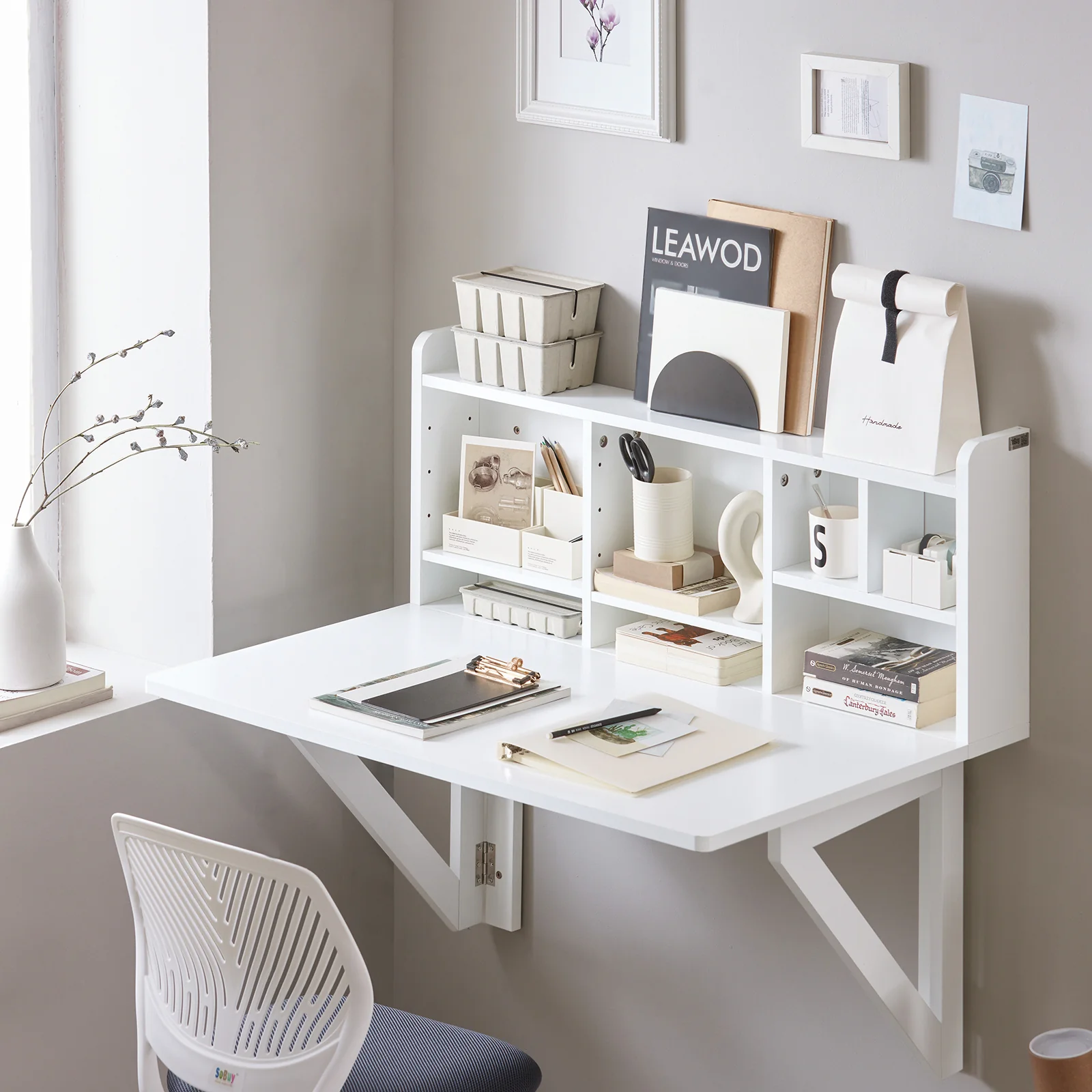 SoBuy FWT07-II-W Bureau Opklapbare wandtafel met geïntegreerde wandkast, opvouwbare keukentafel, eettafe - Image 8
