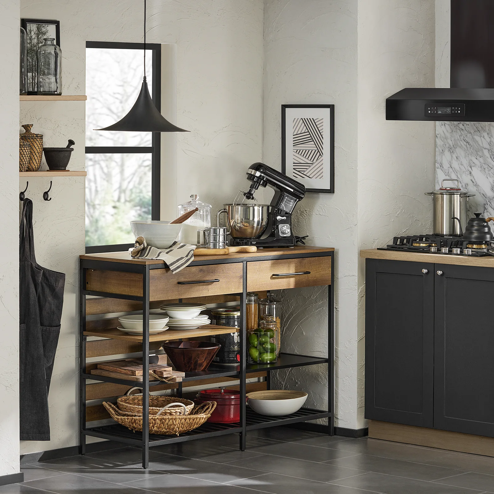 SoBuy FSB85-PF Keukentafel Keukenkast Keuken Opbergkast Aanrecht met 2 Laden en 2 Planken, Centraal Keukeneiland, Stabiel Stalen Frame, Industrieel, Vintage, 120 x 45 x 91 cm - Image 3