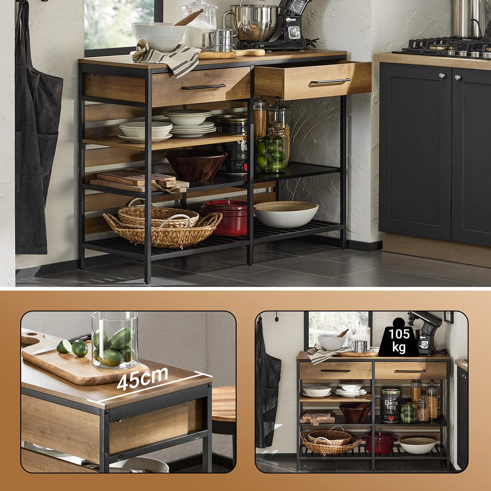 SoBuy FSB85-PF Keukentafel Keukenkast Keuken Opbergkast Aanrecht met 2 Laden en 2 Planken, Centraal Keukeneiland, Stabiel Stalen Frame, Industrieel, Vintage, 120 x 45 x 91 cm - Image 6