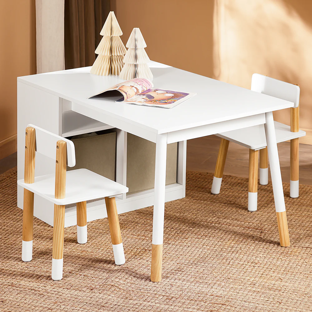 SoBuy KMB113-W Kindertafelset met 2 stoelen, tekentafel, kinderbureau met 1 vak en 2 opbergdozen - Image 3