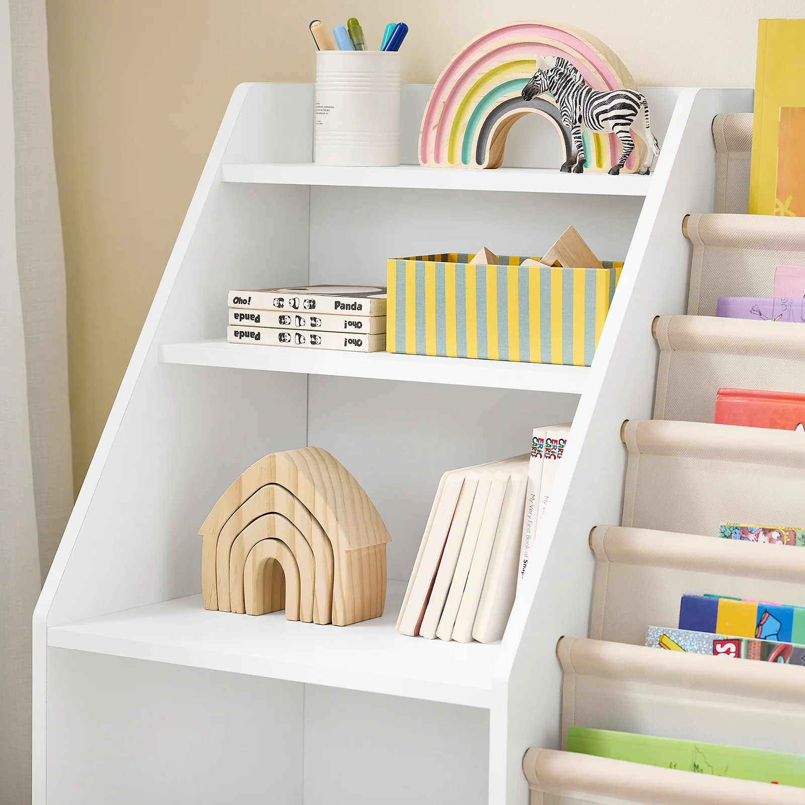 SoBuy KMB119-W Montessori Kinderboekenkast, 3 niveaus, boekenkast met opslag, speelgoed en manden, stof, meubels, kinderkamer, plank, slaapkamer, wit, 80 x 40 x 80 cm - Image 8