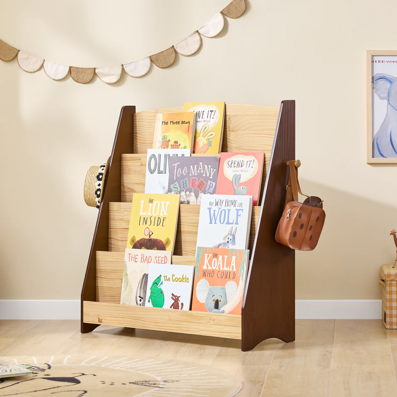 SoBuy KMB32-N Boekenkast voor kinderen, speelgoed, boekenkast, 4 niveaus, met 2 haken, boekenrek, opbergkast, slaapkamer, kantoor, woonkamer, natuur, 91 x 30 x 89 cm - Image 3