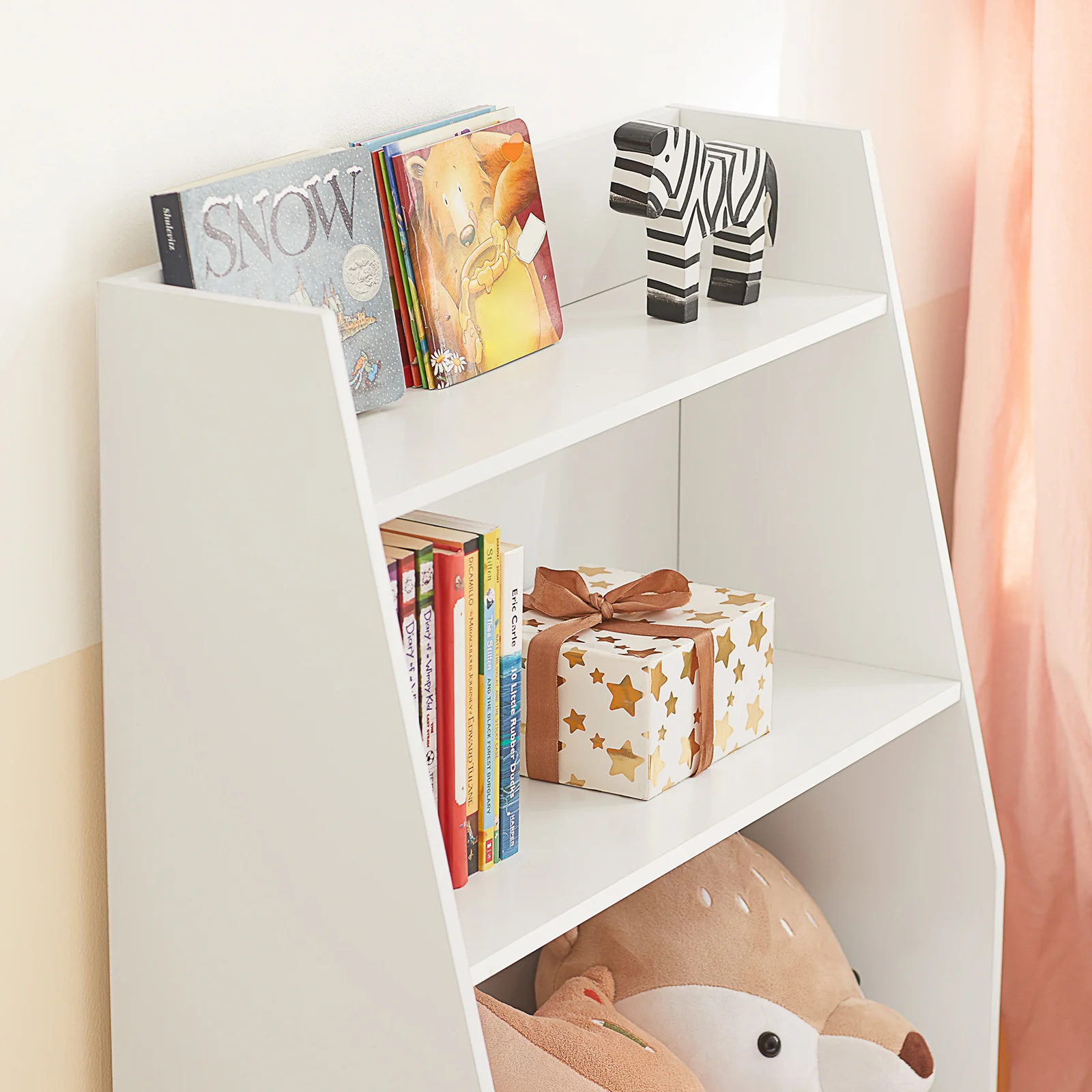 SoBuy KMB47-W kinderrek met 3 vakken, boekenrek, opbergrek voor kinderen, staand rek met massief houten poten - Image 9